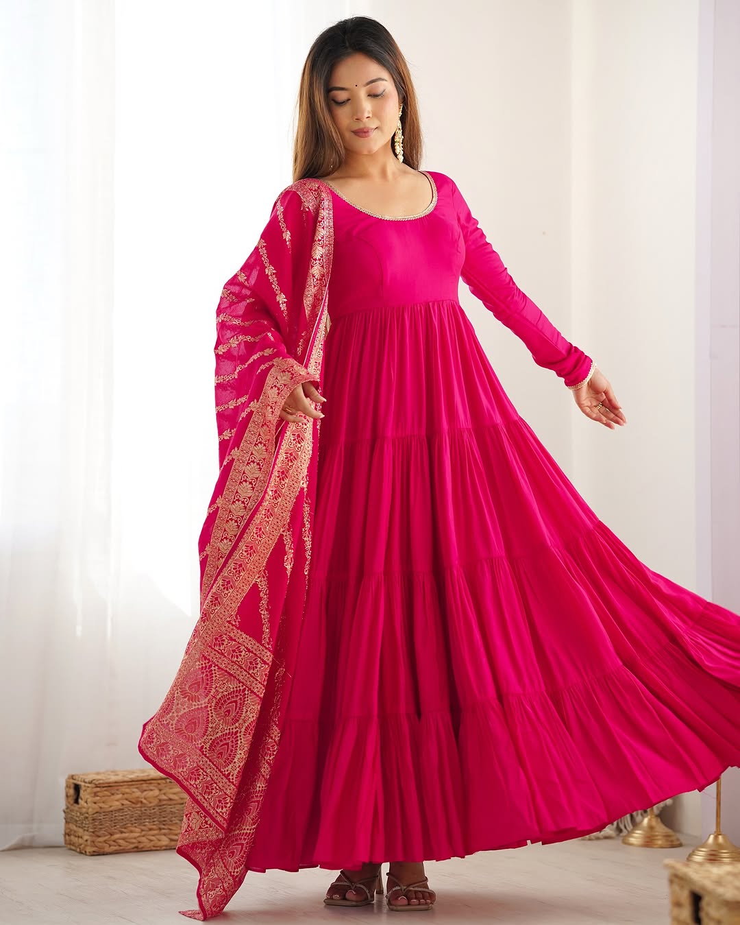 Pink Roman silk flared Ashika designer Anarkali gown