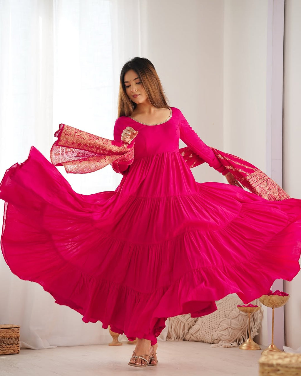 Pink Roman silk flared Ashika designer Anarkali gown