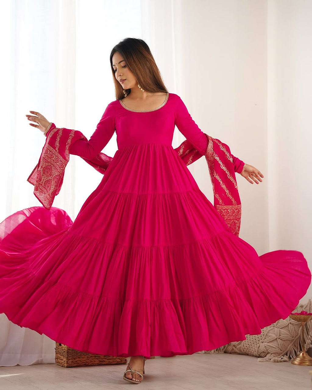 Pink Roman silk flared Ashika designer Anarkali gown