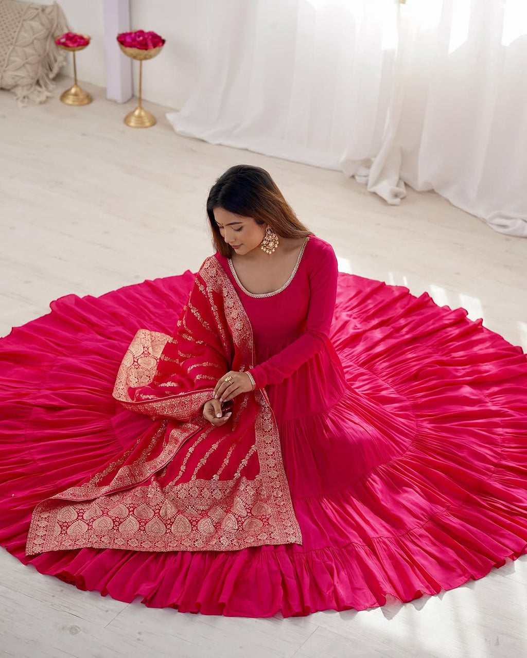Pink Roman silk flared Ashika designer Anarkali gown