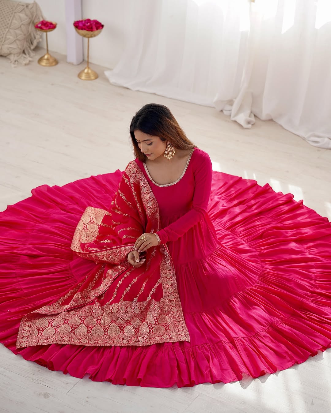 Pink Roman silk flared Ashika designer Anarkali gown