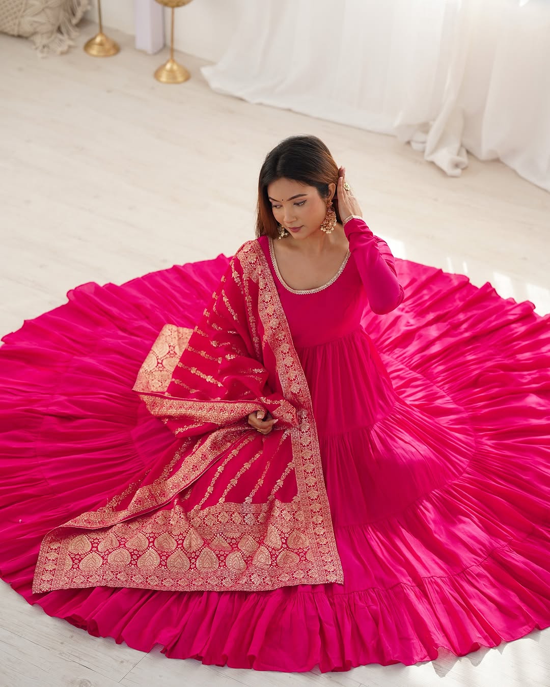 Pink Roman silk flared Ashika designer Anarkali gown