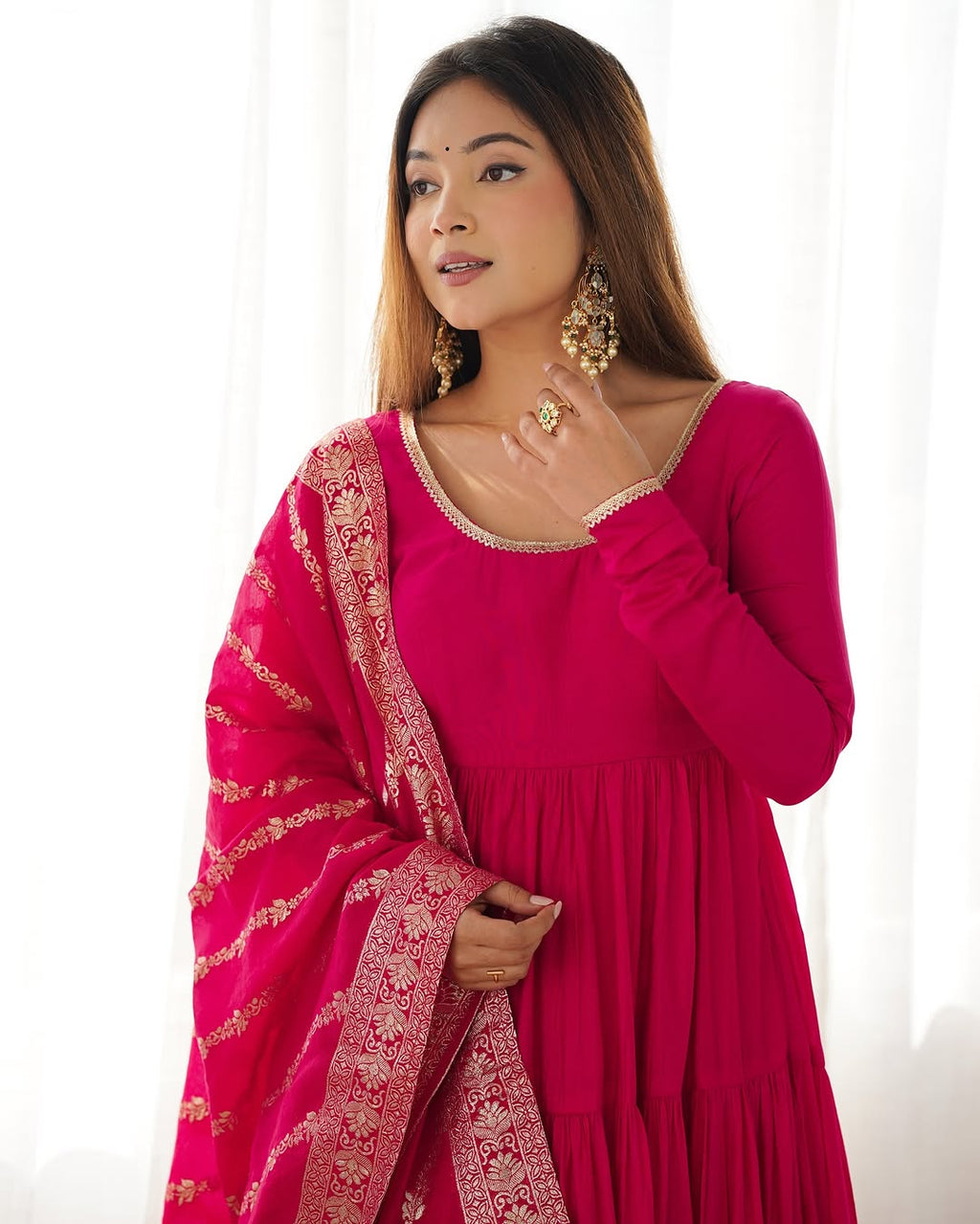 Pink Roman silk flared Ashika designer Anarkali gown