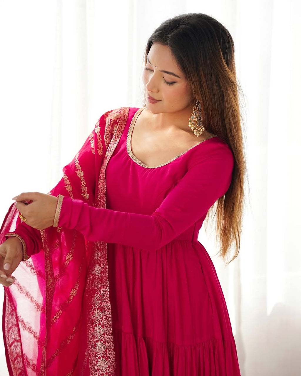 Pink Roman silk flared Ashika designer Anarkali gown