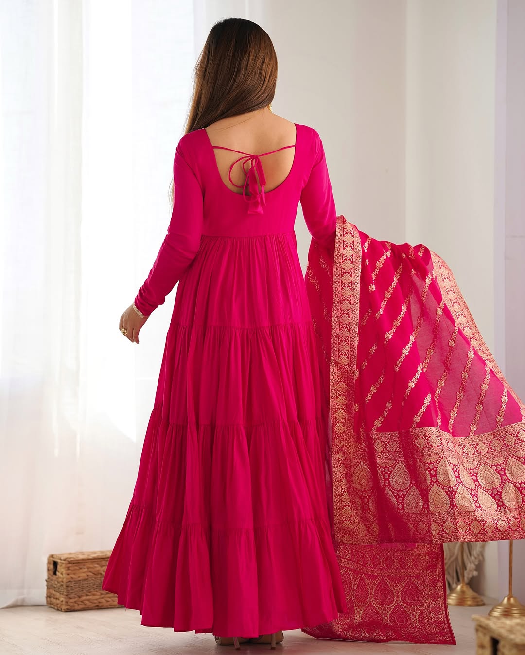 Pink Roman silk flared Ashika designer Anarkali gown