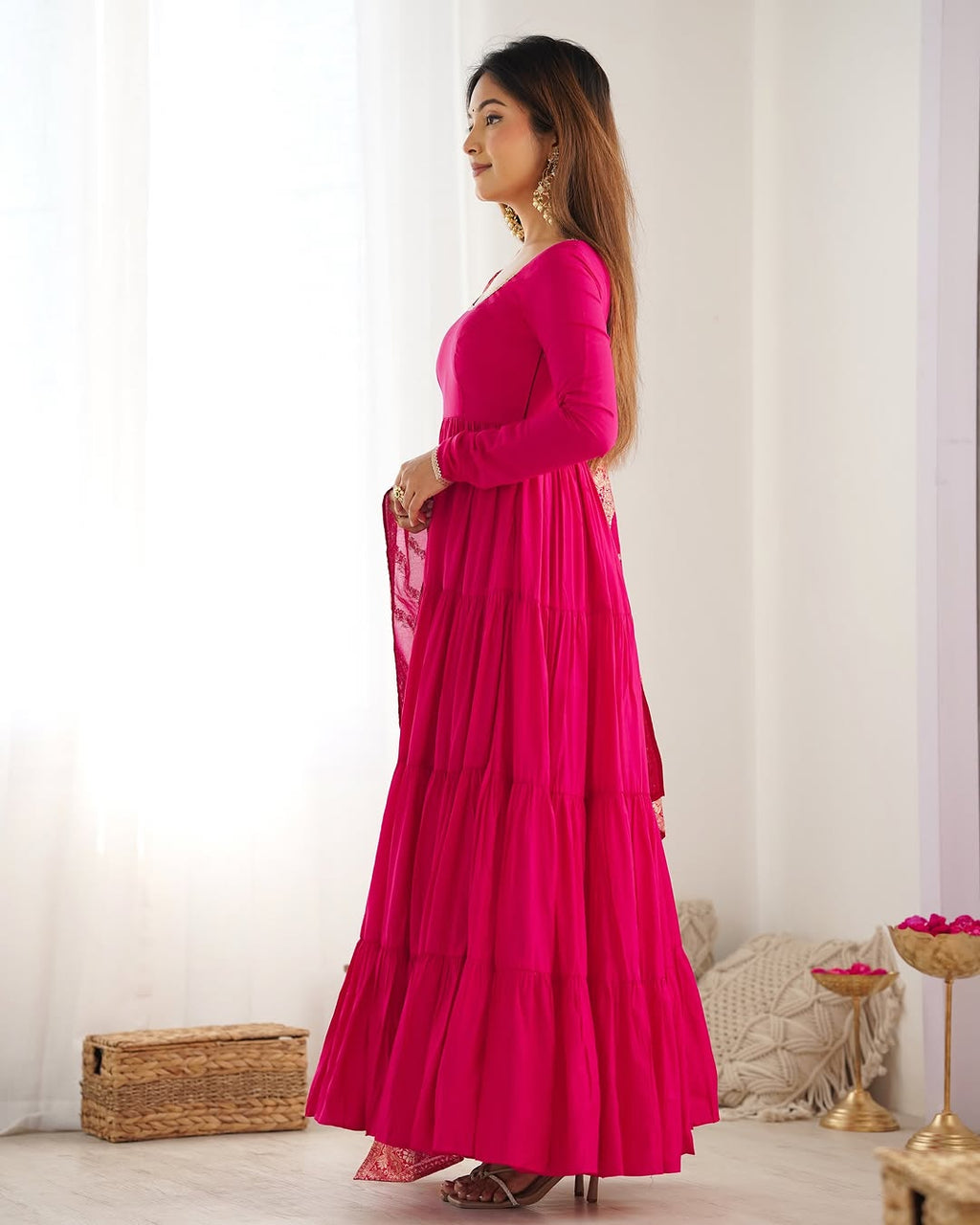 Pink Roman silk flared Ashika designer Anarkali gown