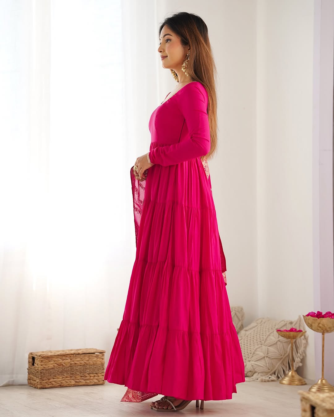 Pink Roman silk flared Ashika designer Anarkali gown