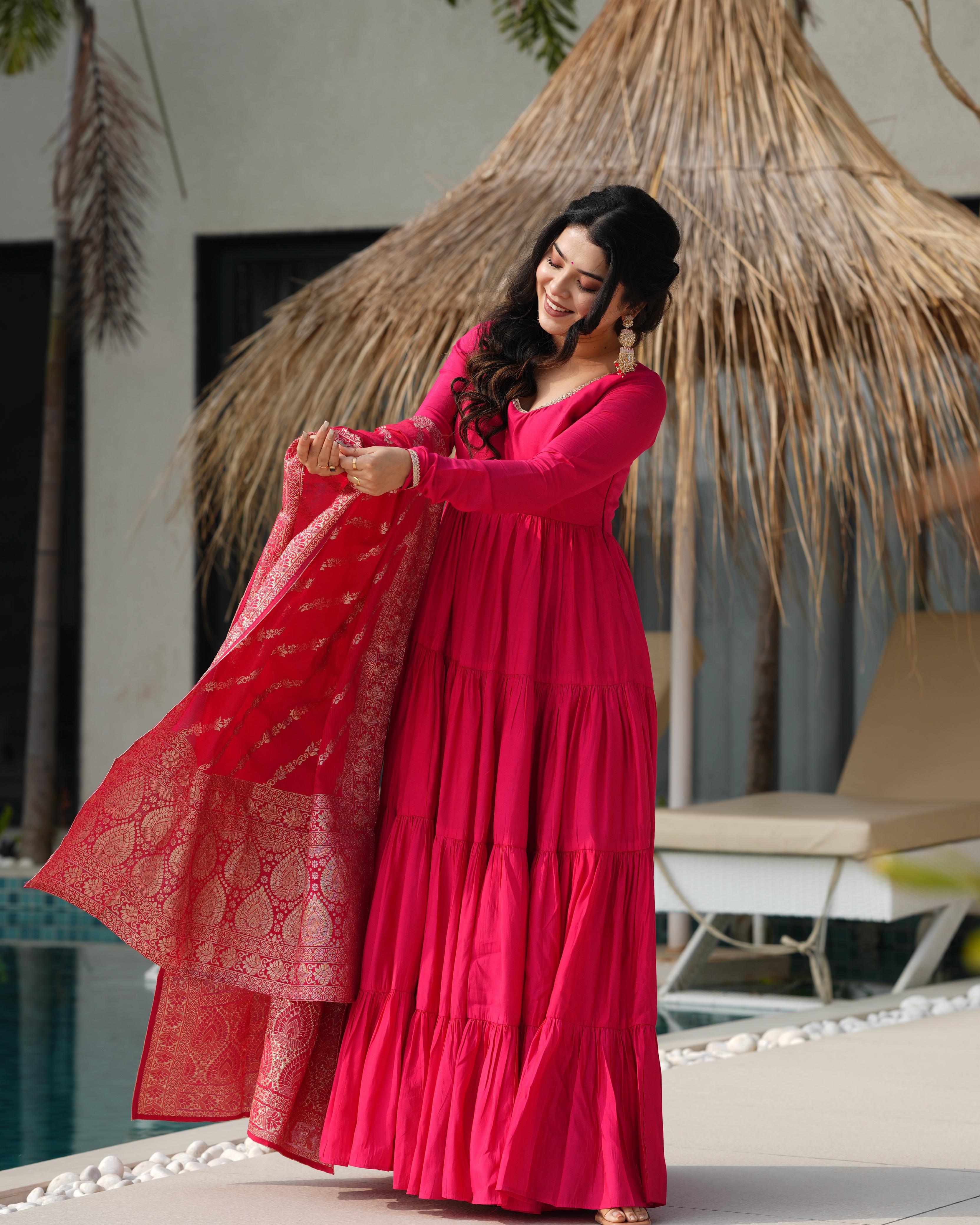 Ashika pink roman silk flared anarkali suit set