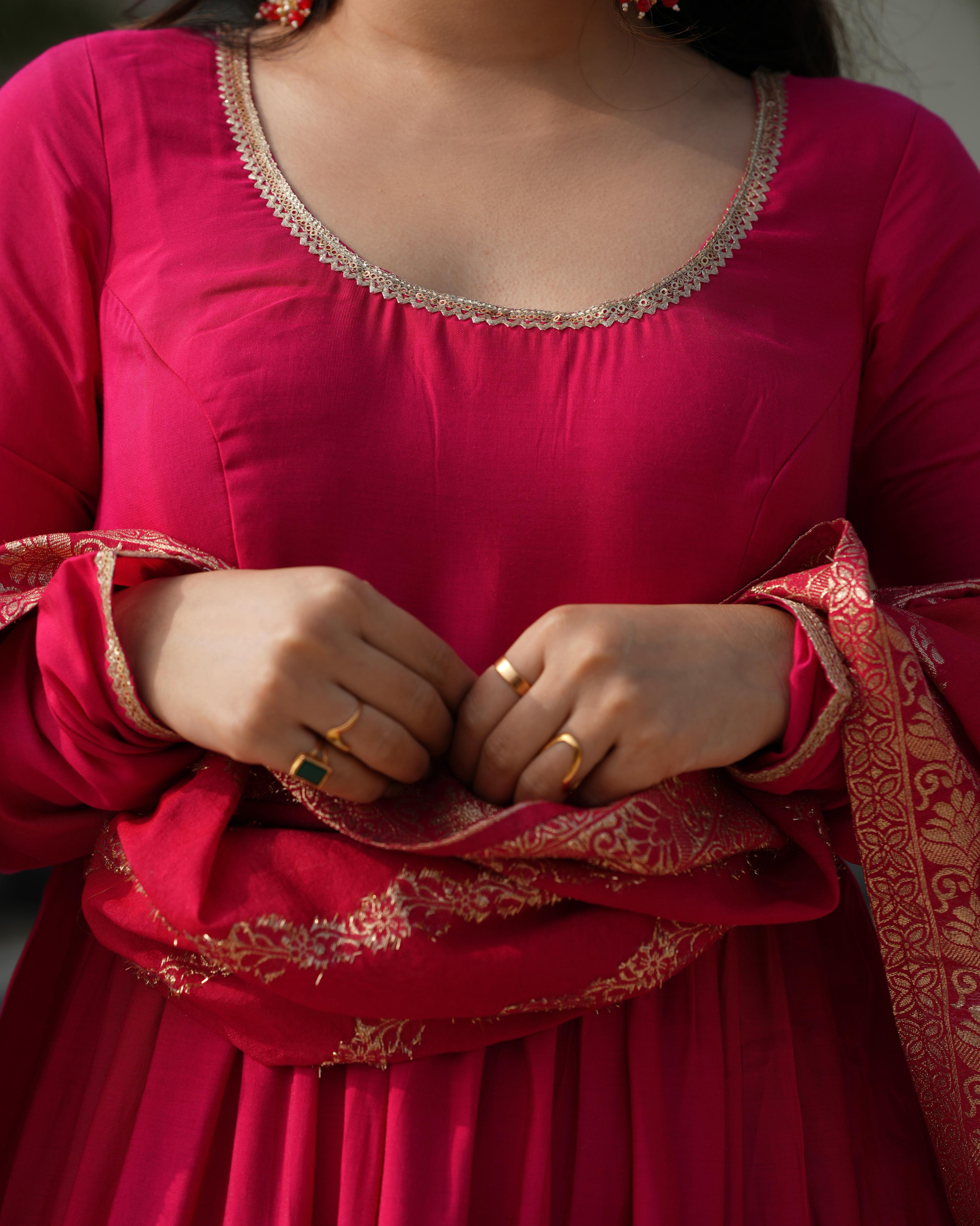 Ashika pink roman silk flared anarkali suit set