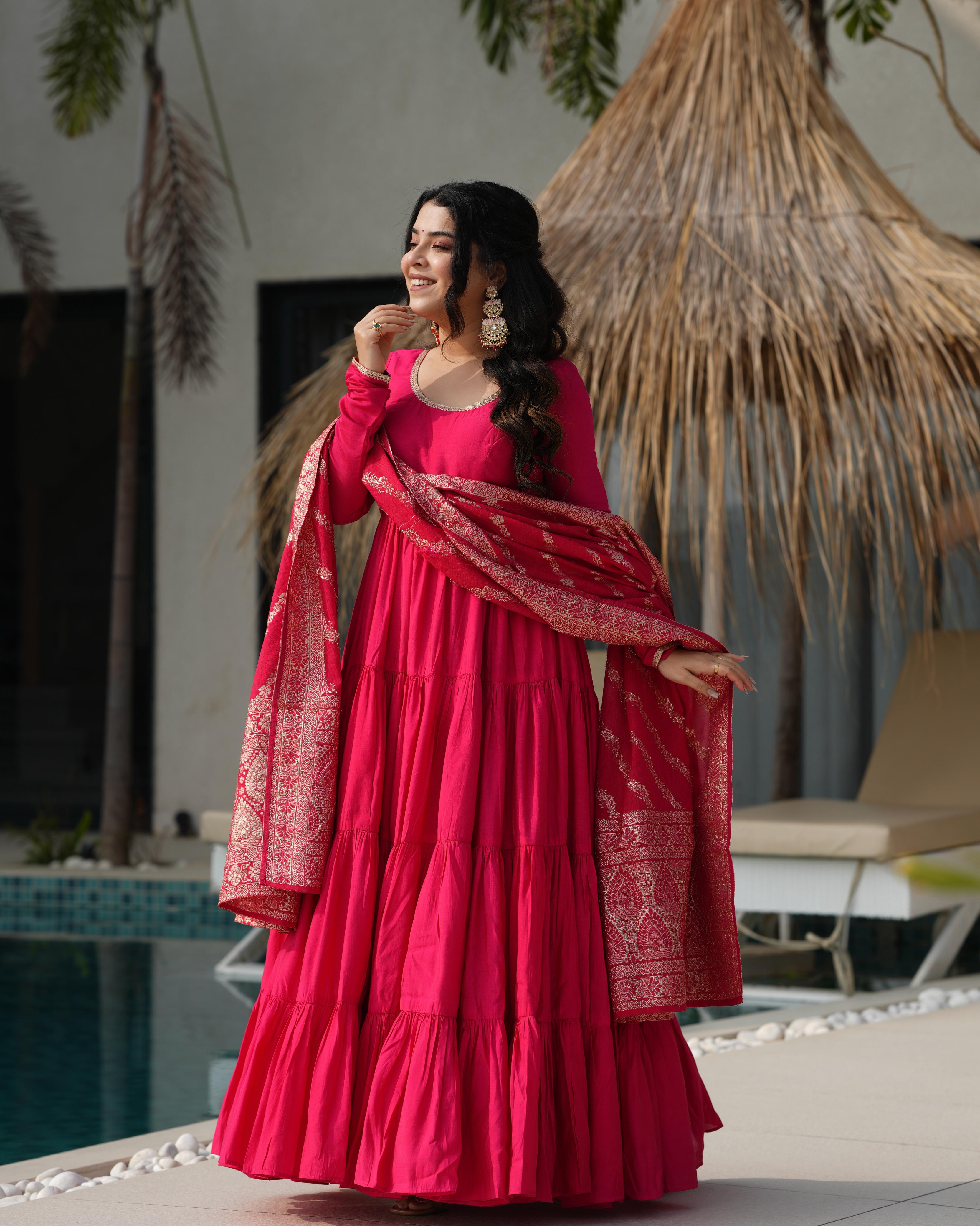 Ashika pink roman silk flared anarkali suit set