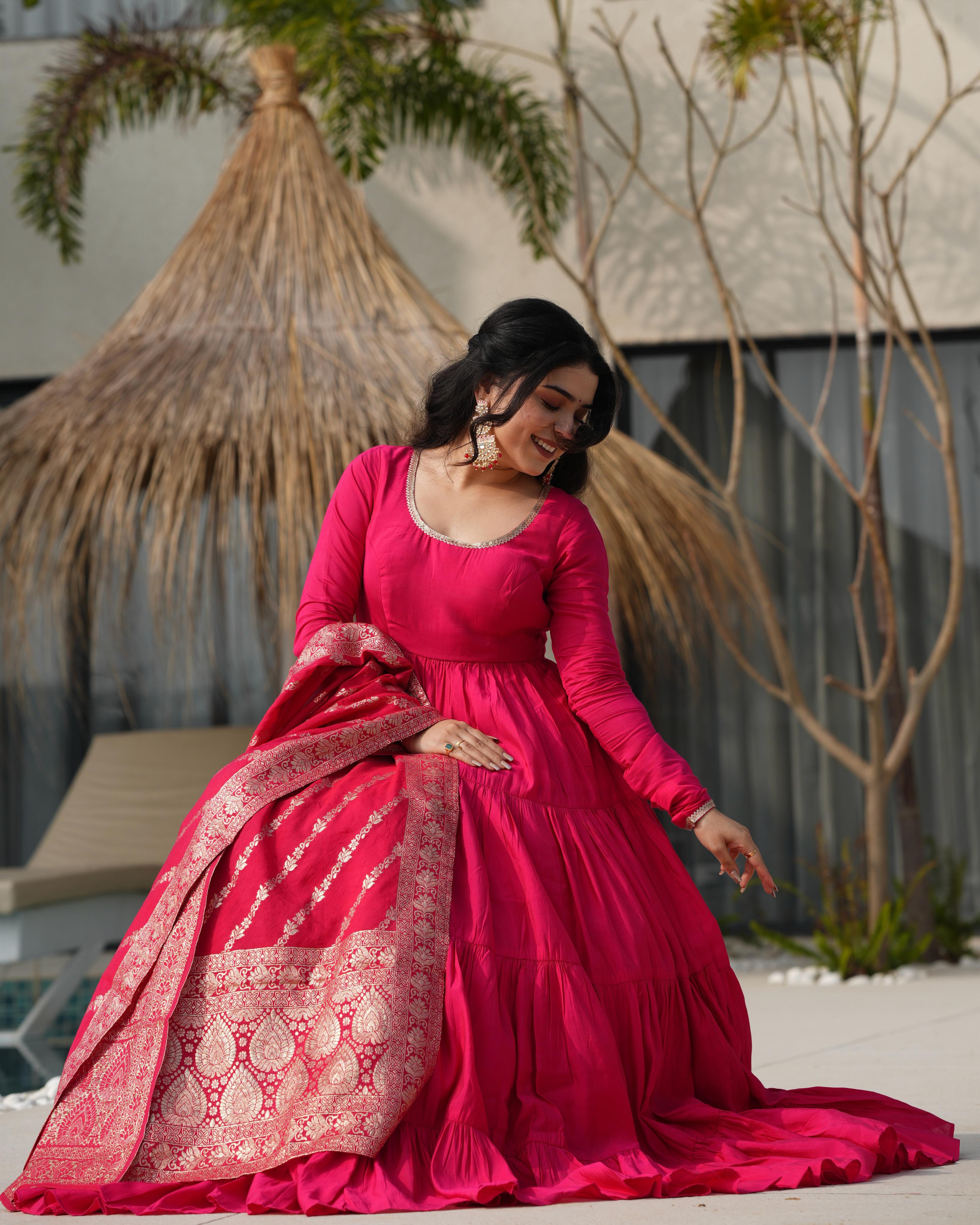 Ashika pink roman silk flared anarkali suit set