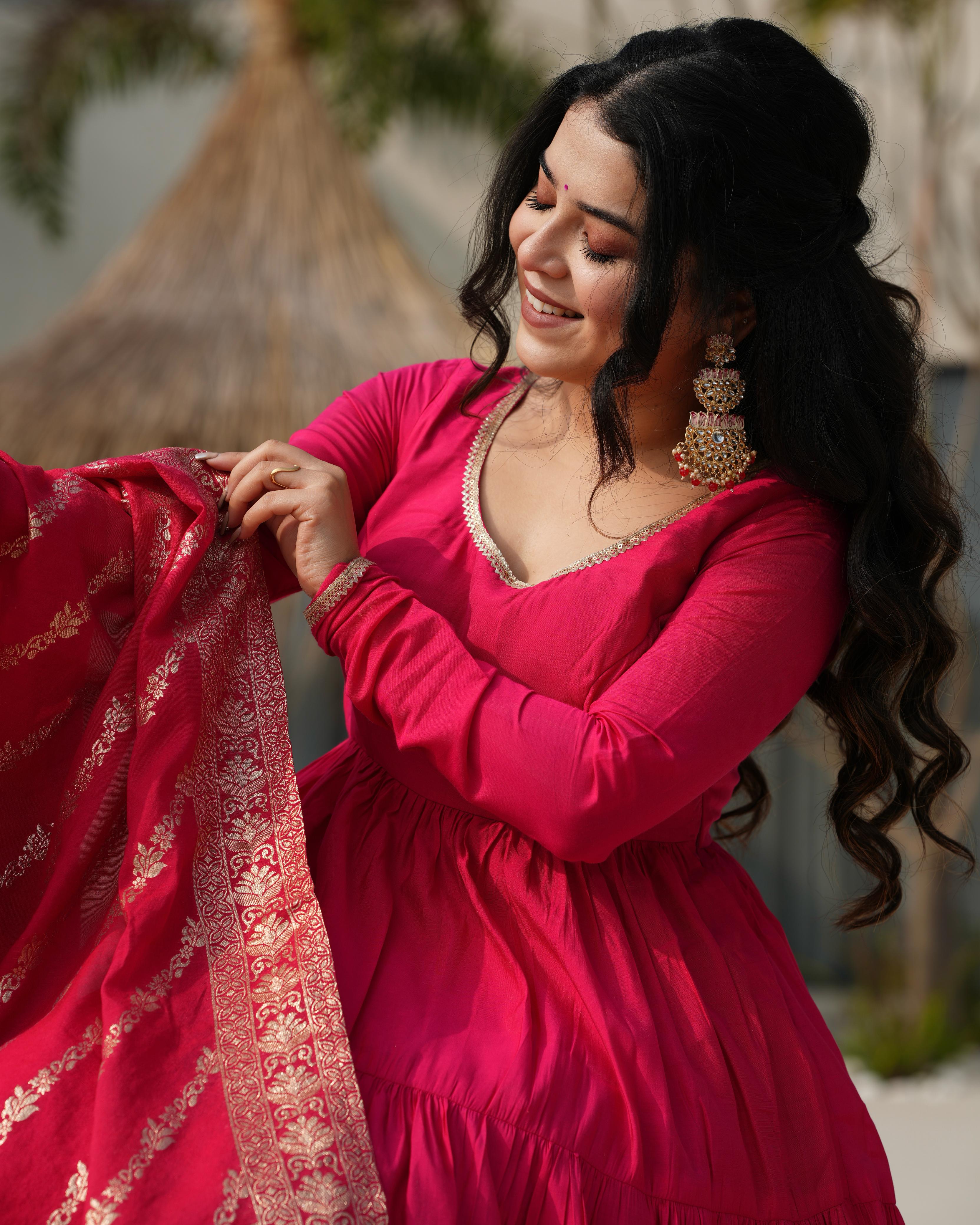 Ashika pink roman silk flared anarkali suit set