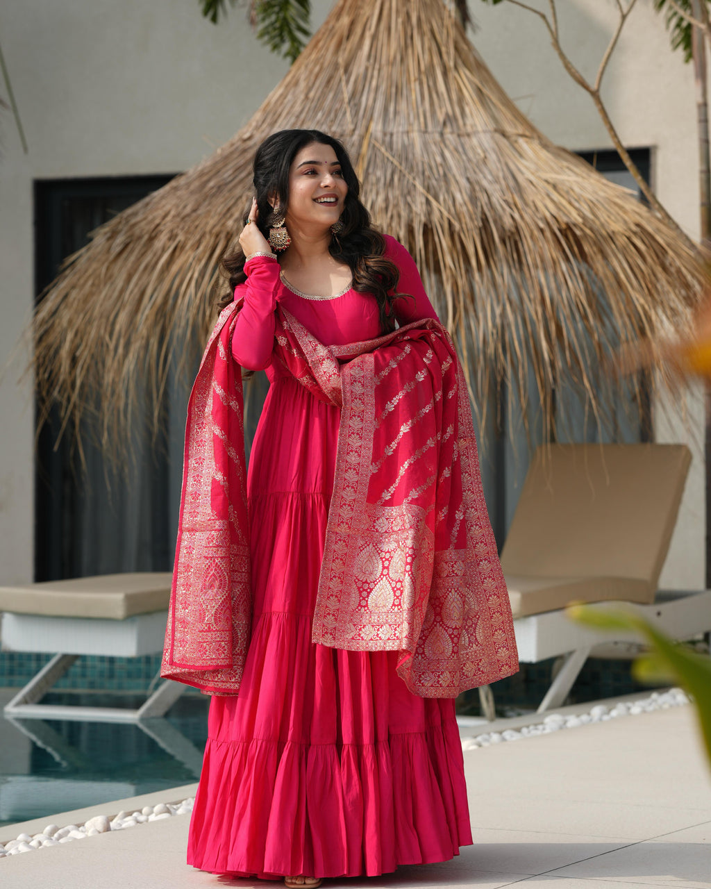 Ashika pink roman silk flared anarkali suit set