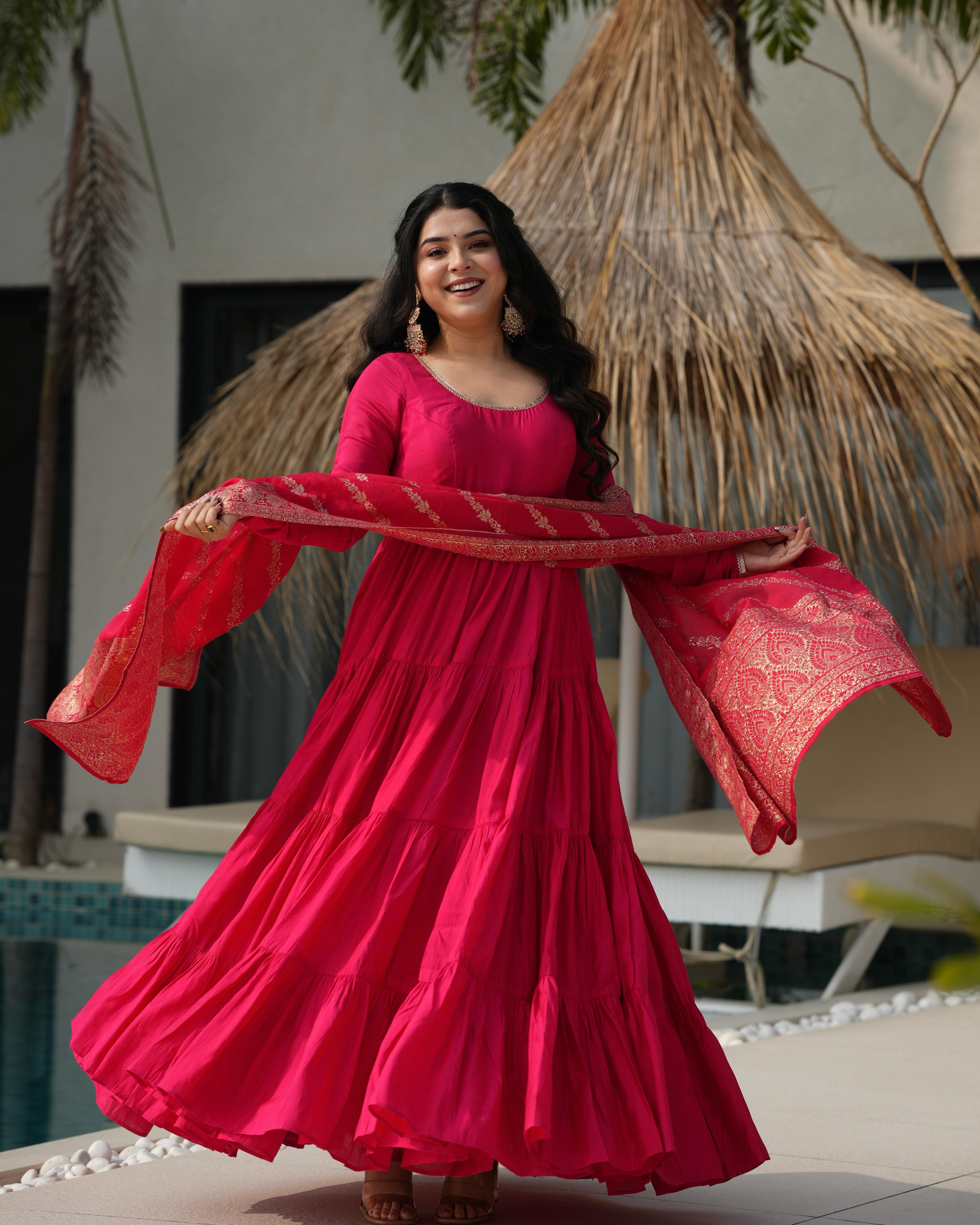 Ashika pink roman silk flared anarkali suit set