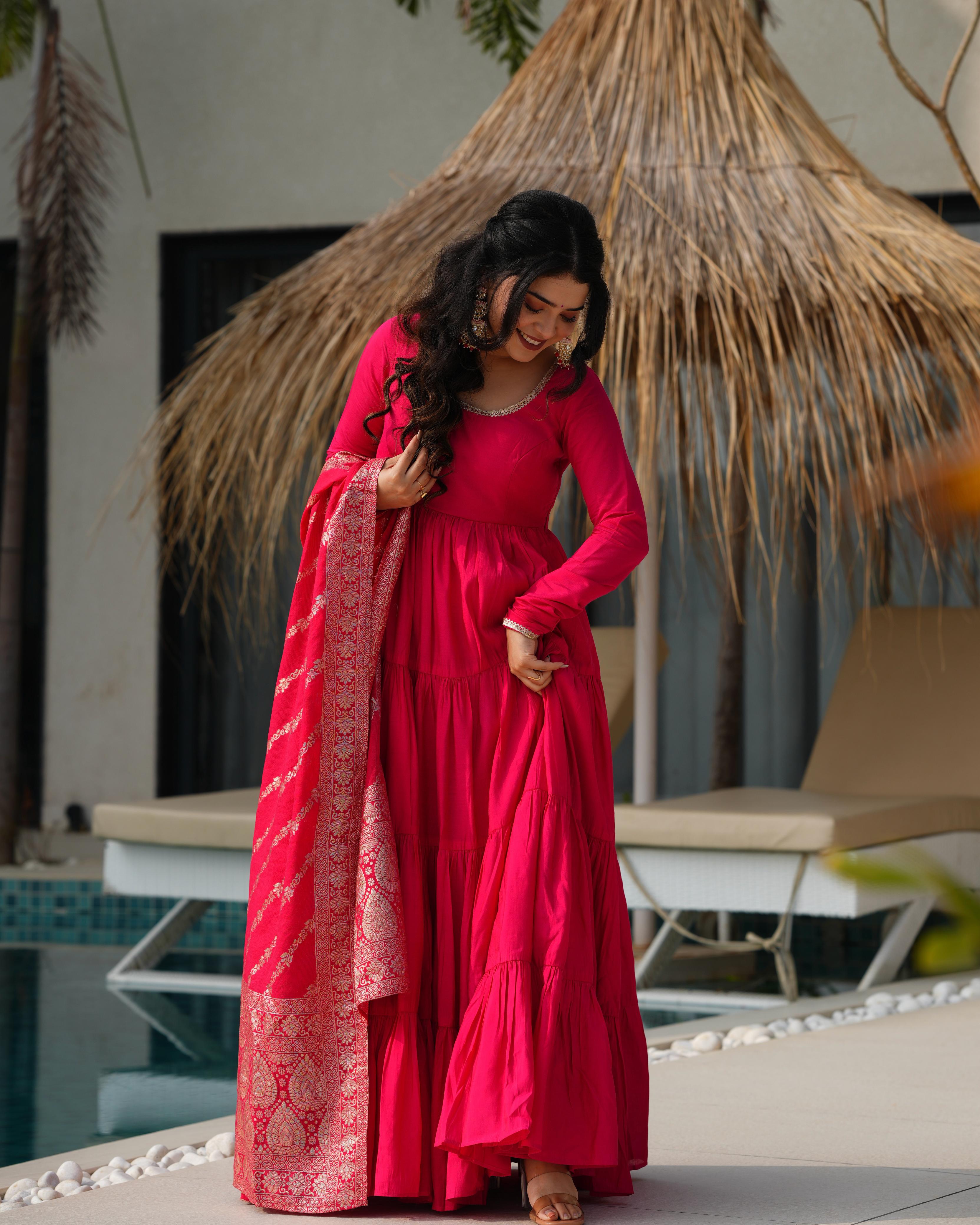 Ashika pink roman silk flared anarkali suit set