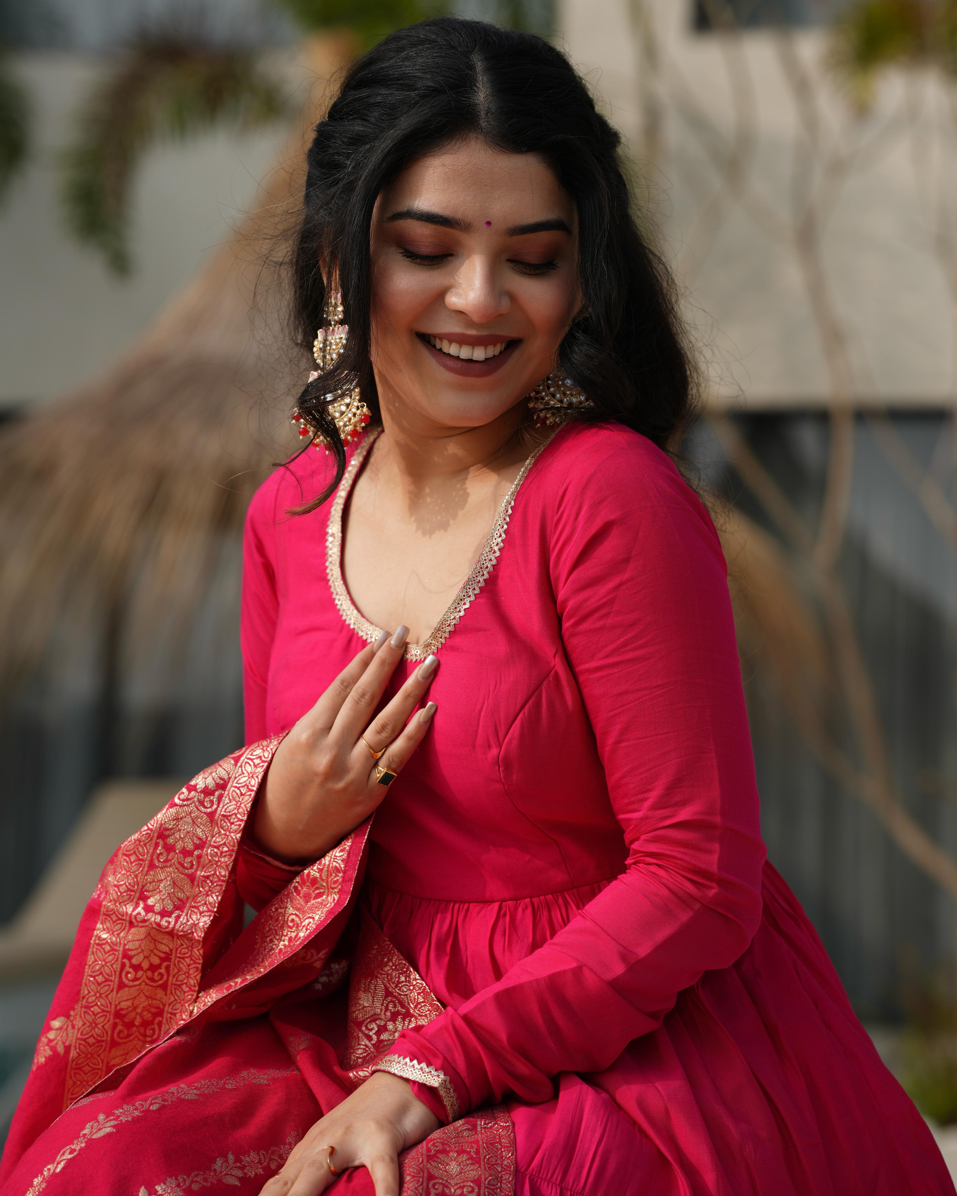 Ashika pink roman silk flared anarkali suit set