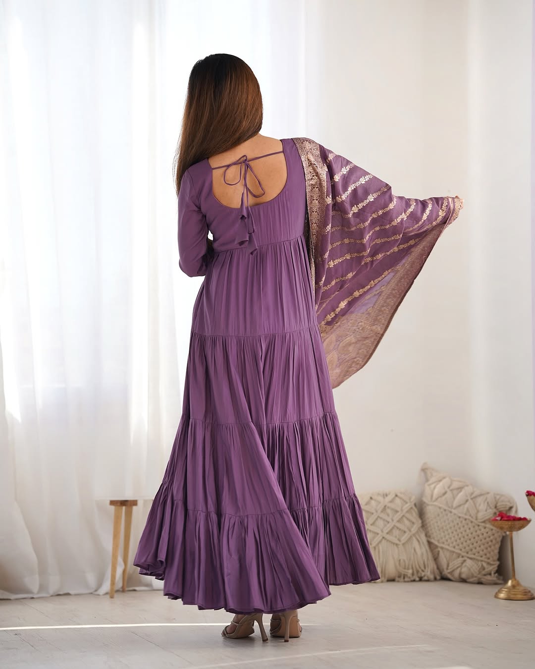 Lavender Roman silk flared Ashika designer Anarkali suit