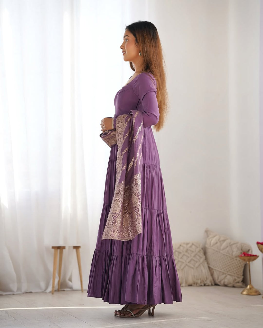 Lavender Roman silk flared Ashika designer Anarkali suit