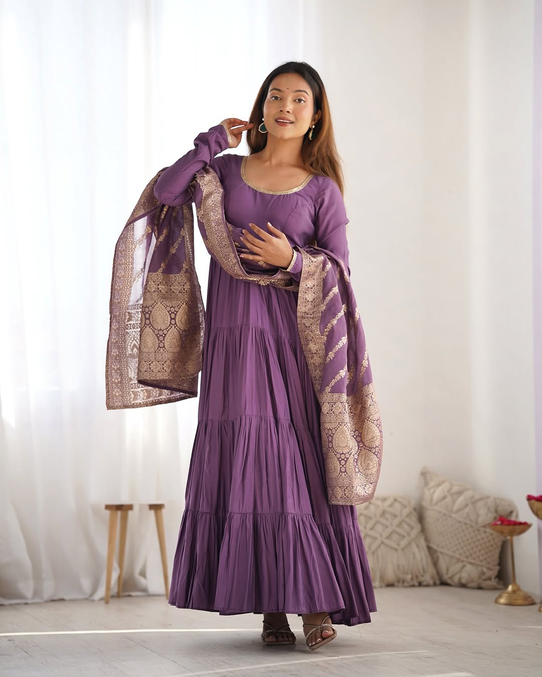 Lavender Roman silk flared Ashika designer Anarkali suit