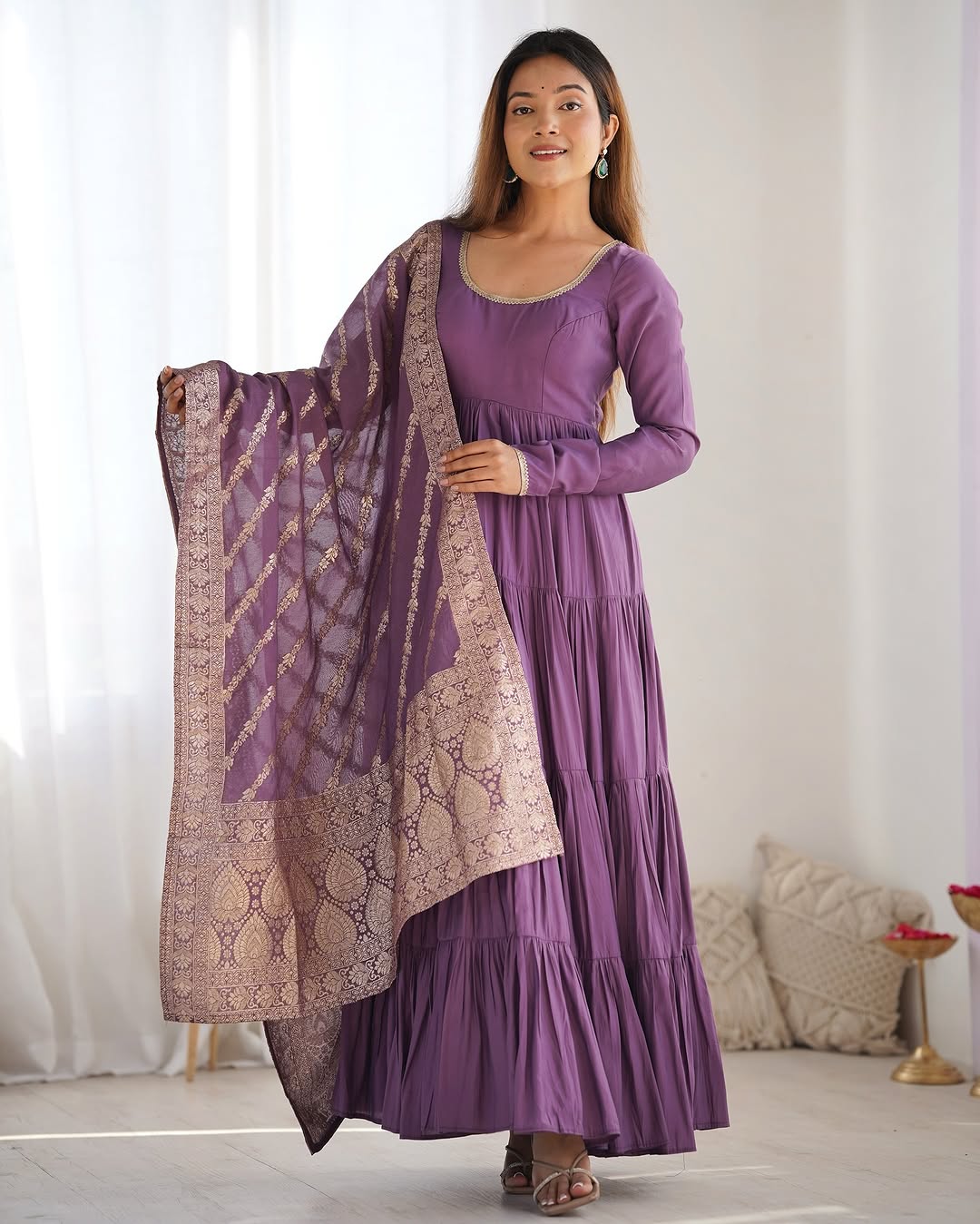 Lavender Roman silk flared Ashika designer Anarkali suit
