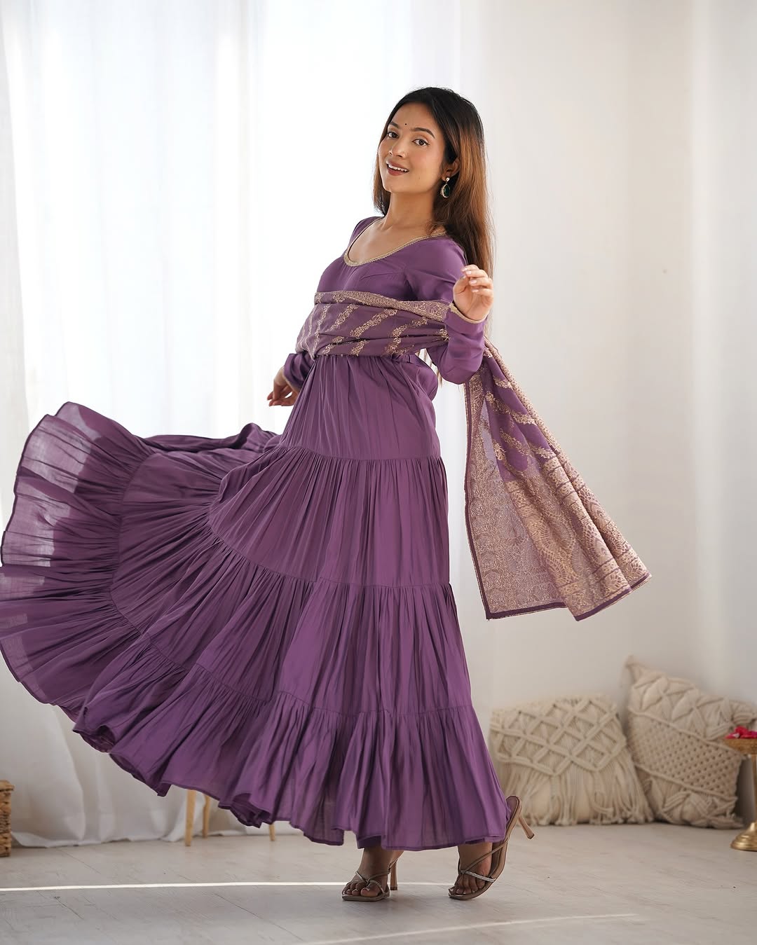 Lavender Roman silk flared Ashika designer Anarkali suit