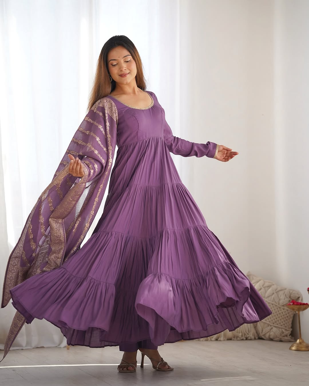 Lavender Roman silk flared Ashika designer Anarkali suit