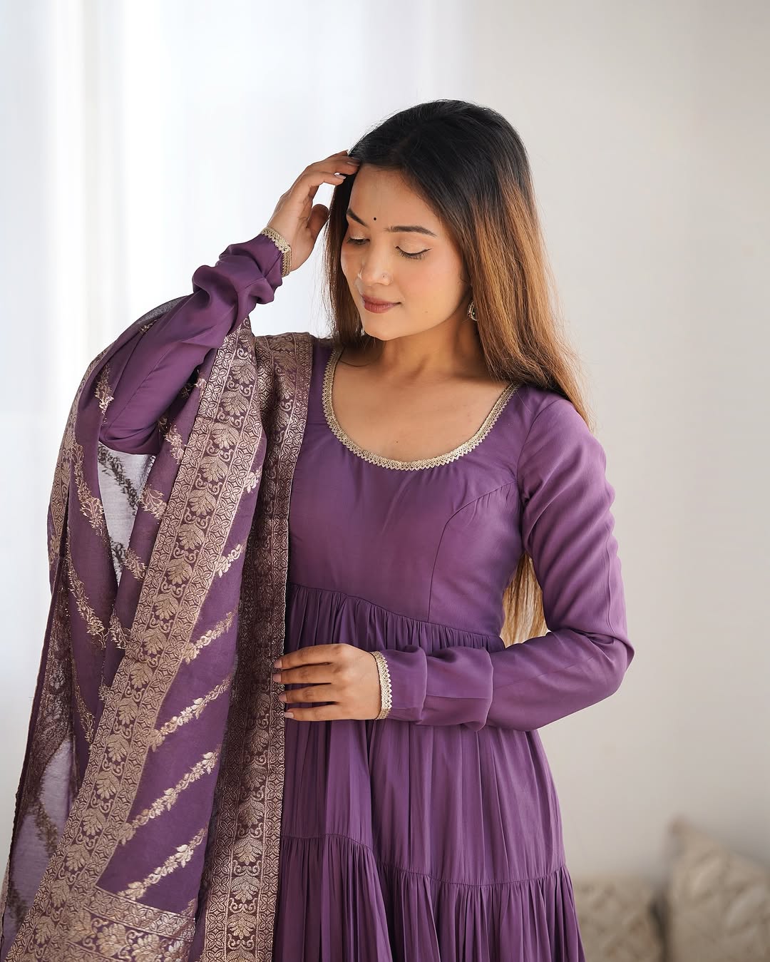 Lavender Roman silk flared Ashika designer Anarkali suit