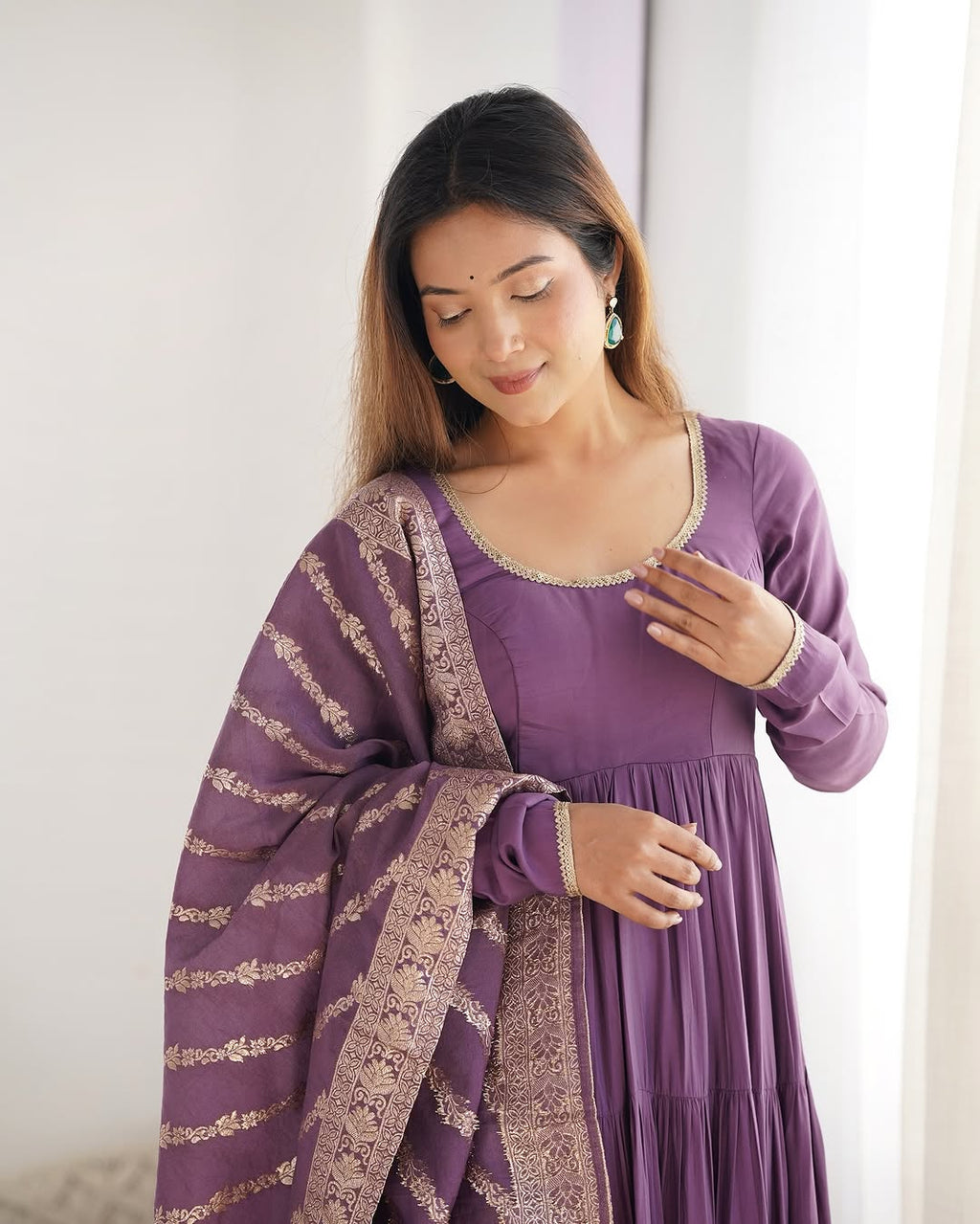 Lavender Roman silk flared Ashika designer Anarkali suit