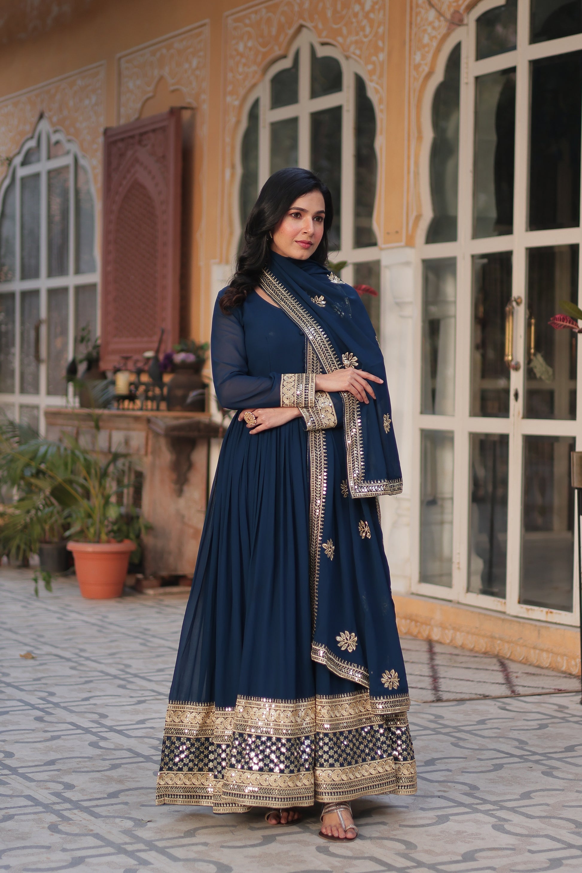 Blue georgette embroidered Ashvi designer Anarkali gown