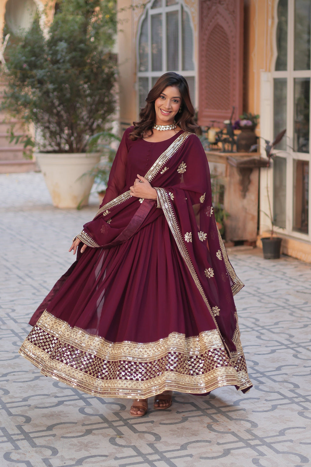 Wine georgette embroidered Ashvi designer Anarkali gown