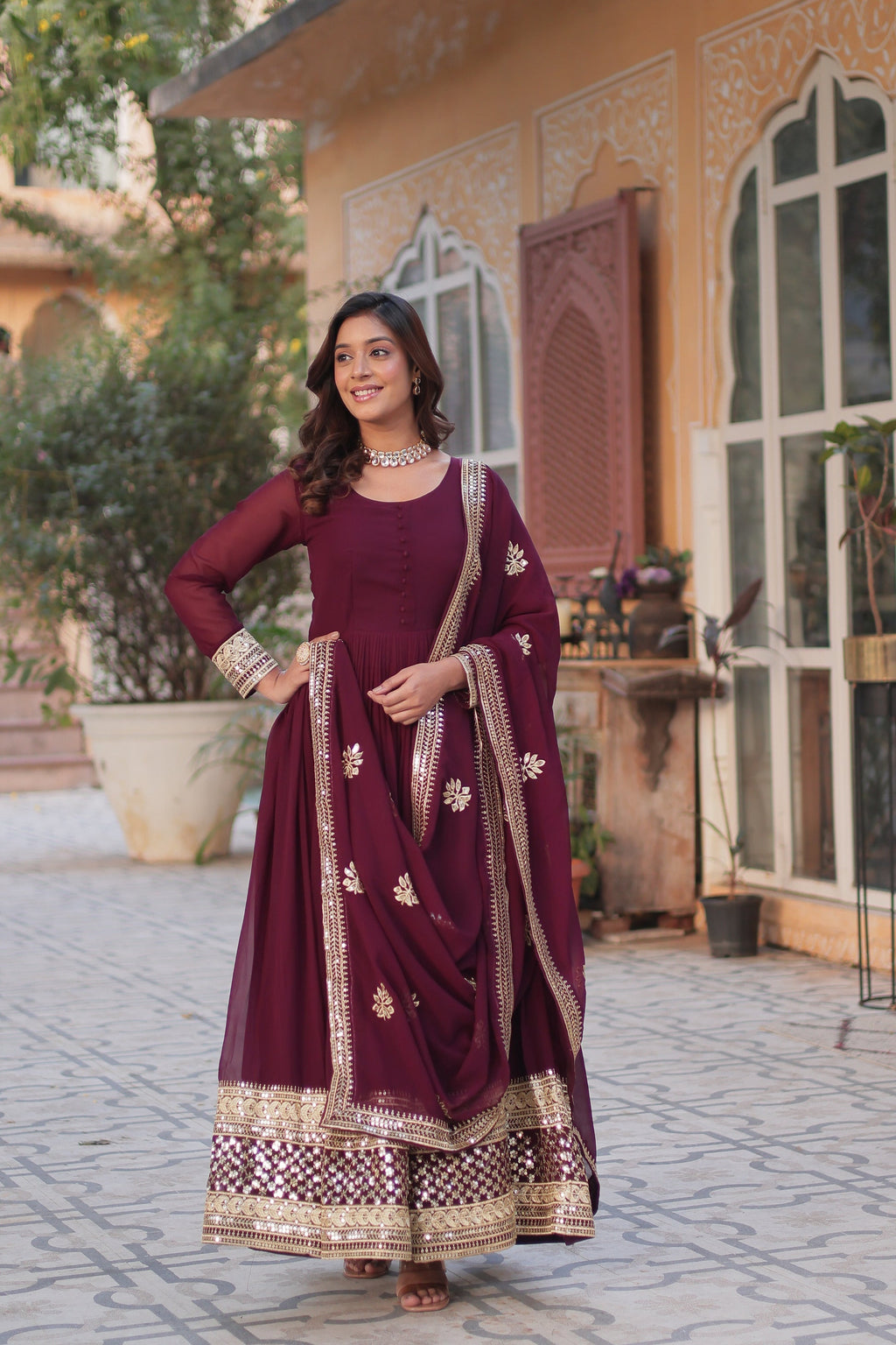 Wine georgette embroidered Ashvi designer Anarkali gown