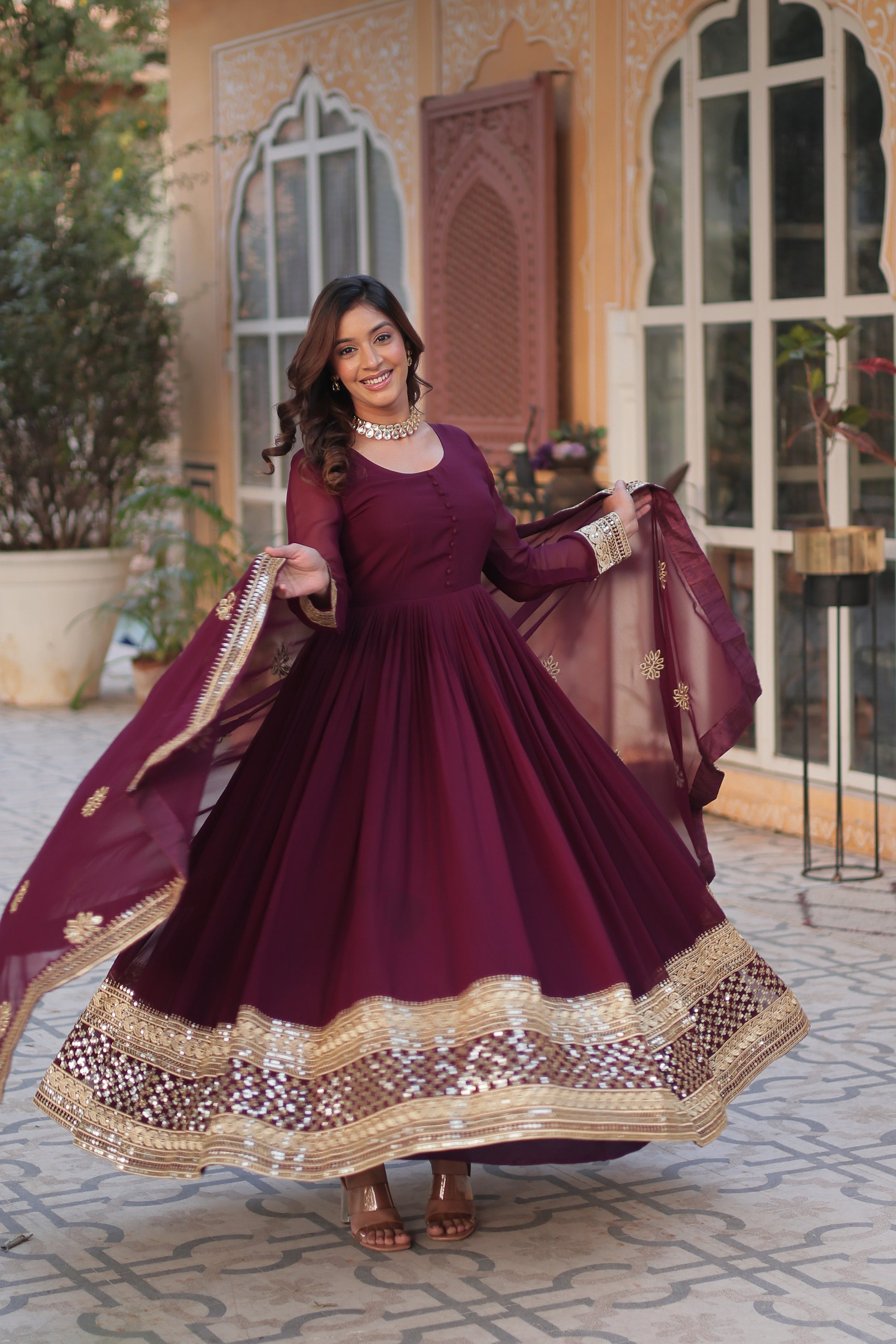 Wine georgette embroidered Ashvi designer Anarkali gown