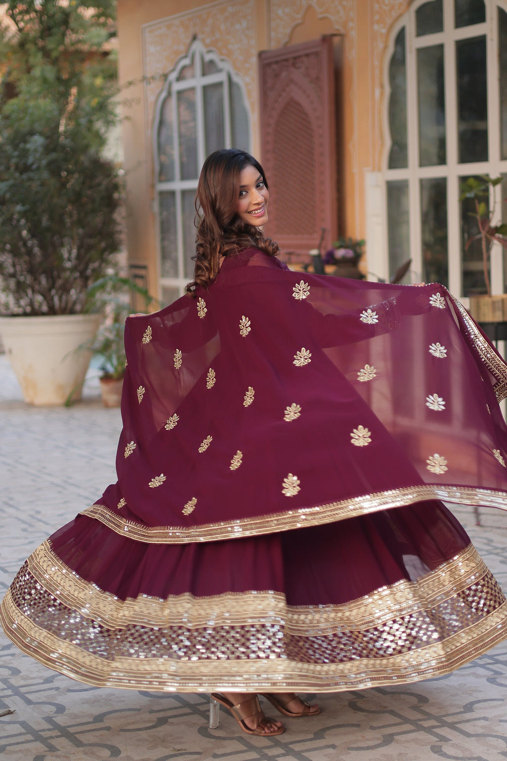 Wine georgette embroidered Ashvi designer Anarkali gown