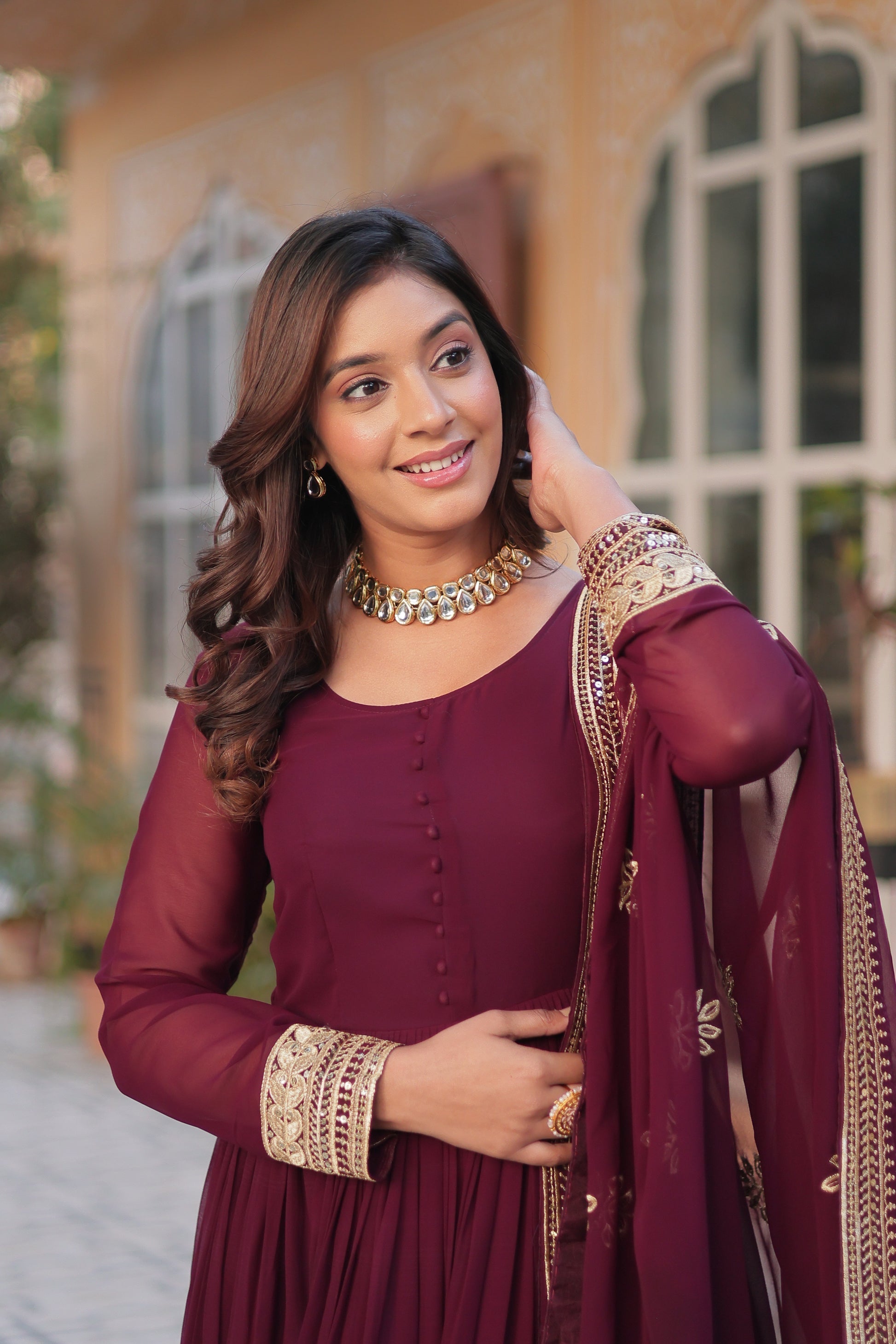 Wine georgette embroidered Ashvi designer Anarkali gown