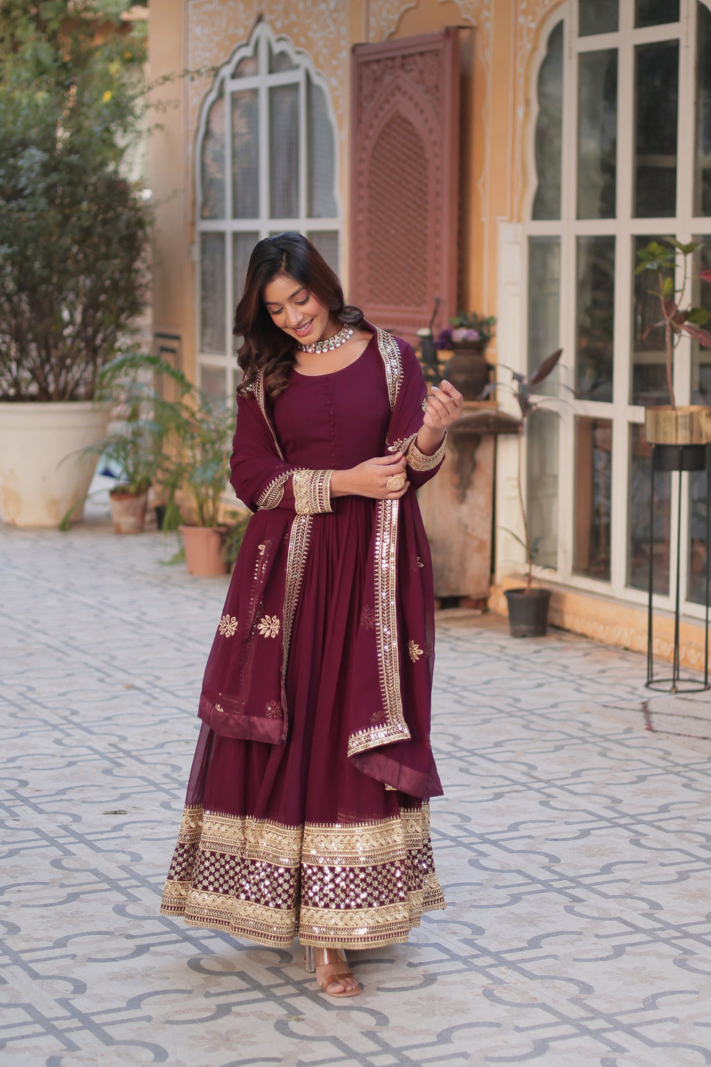 Wine georgette embroidered Ashvi designer Anarkali gown
