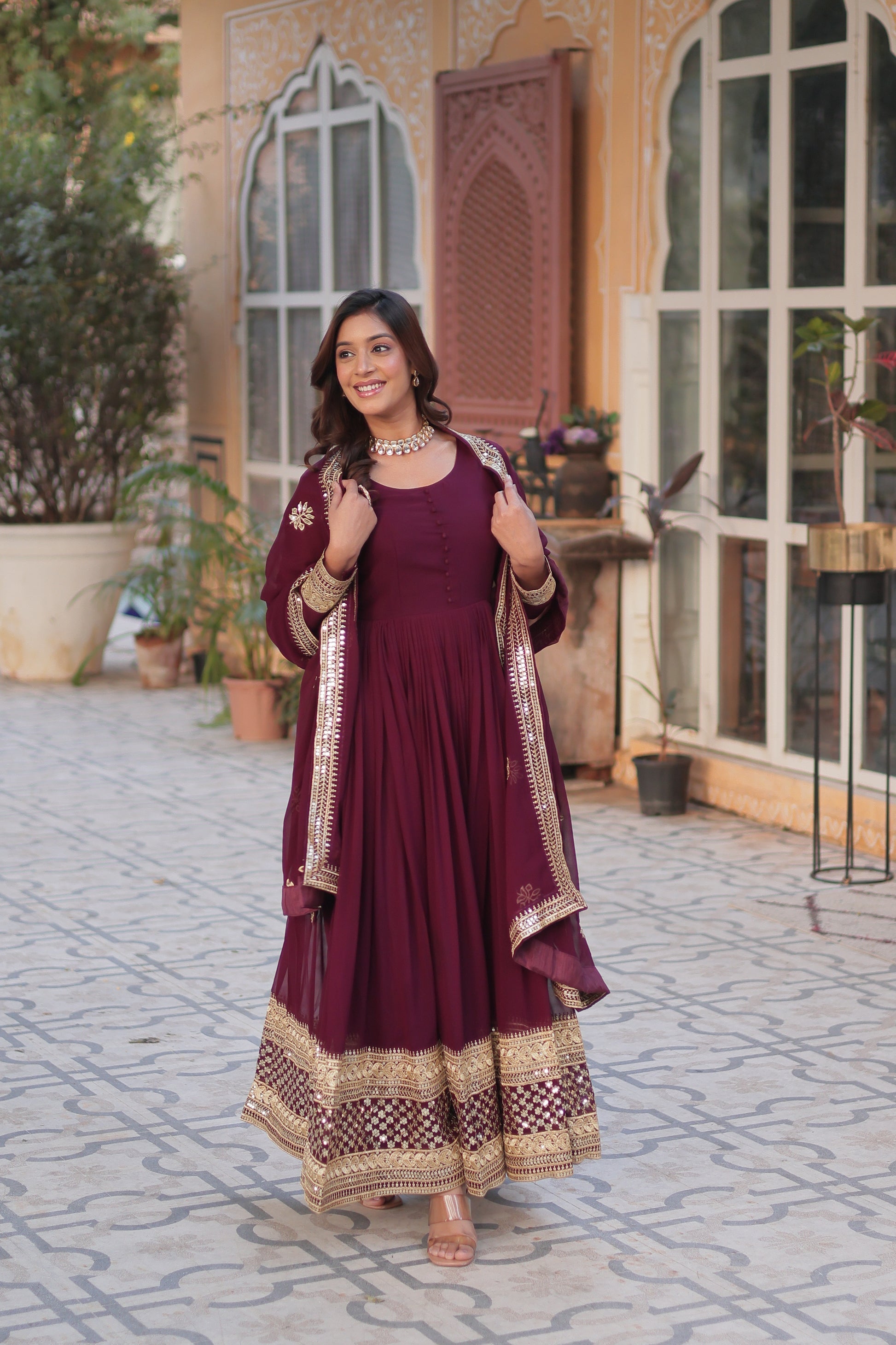 Wine georgette embroidered Ashvi designer Anarkali gown