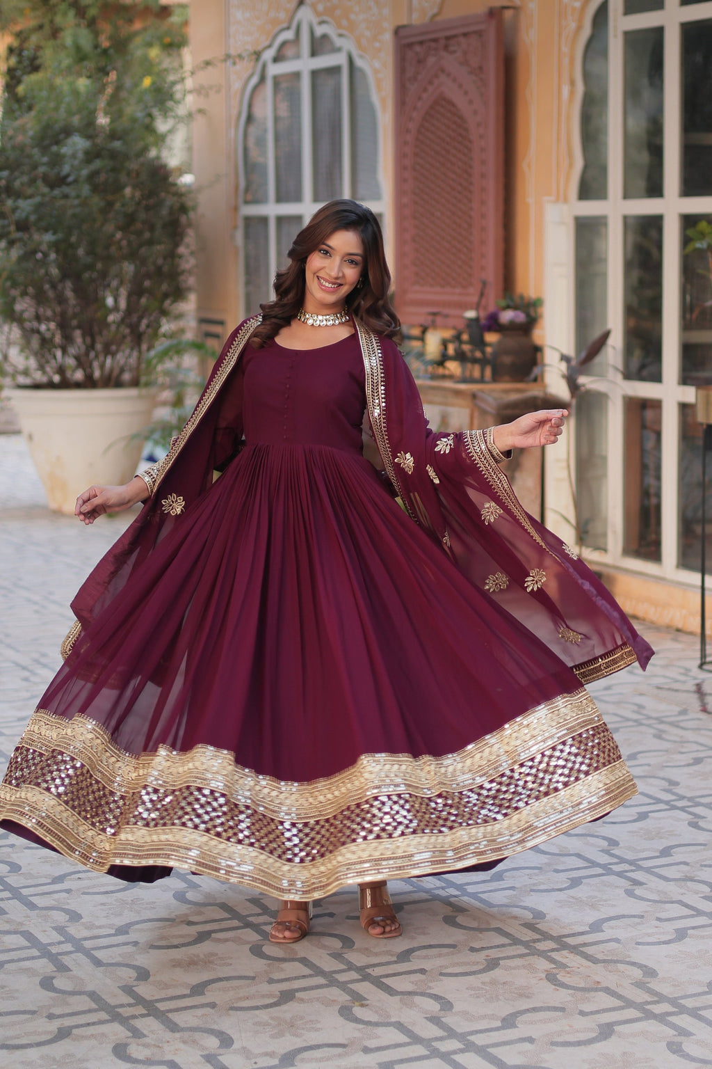 Wine georgette embroidered Ashvi designer Anarkali gown