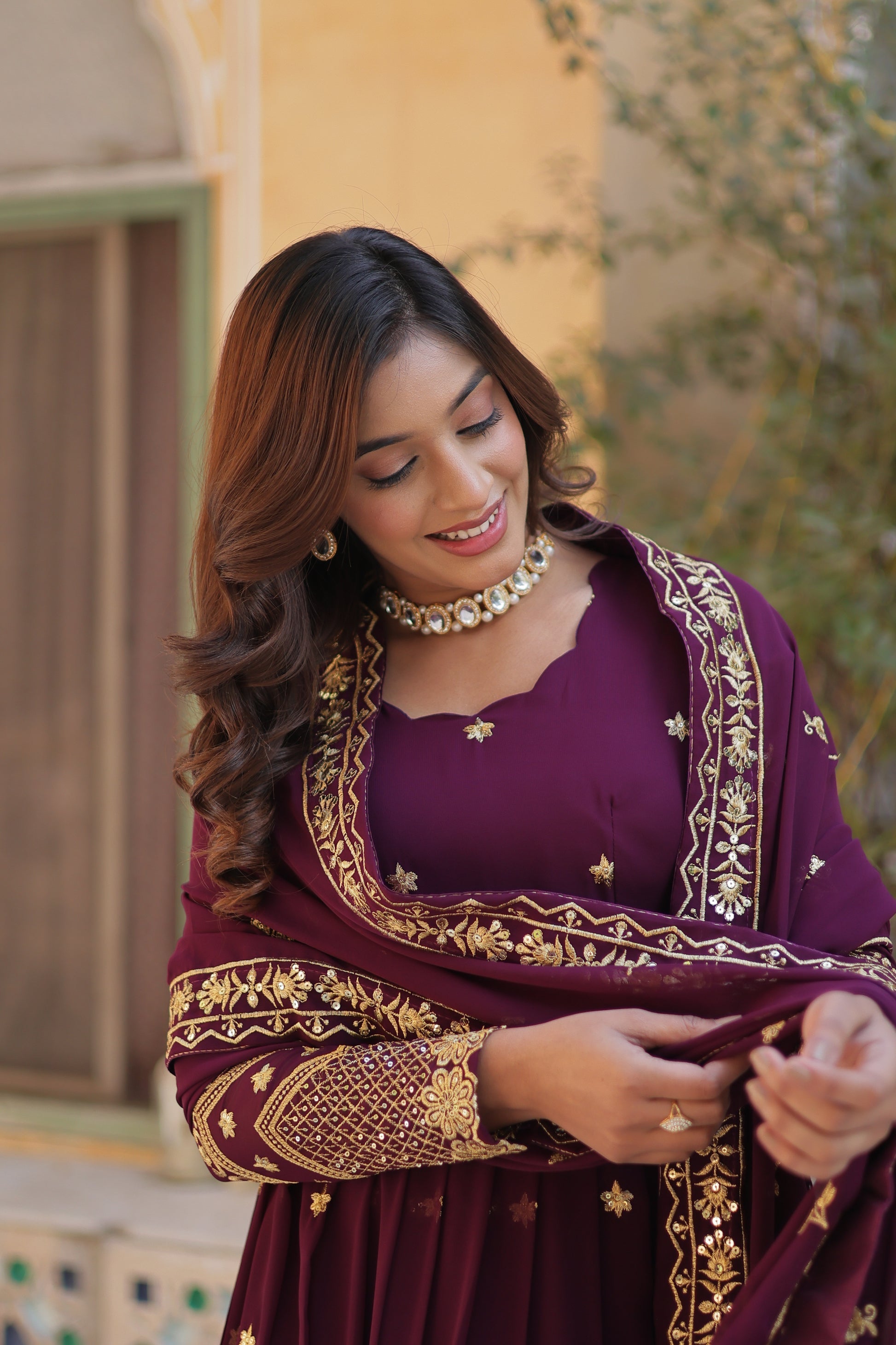 Wine georgette embroidered Avyuktha designer Anarkali gown