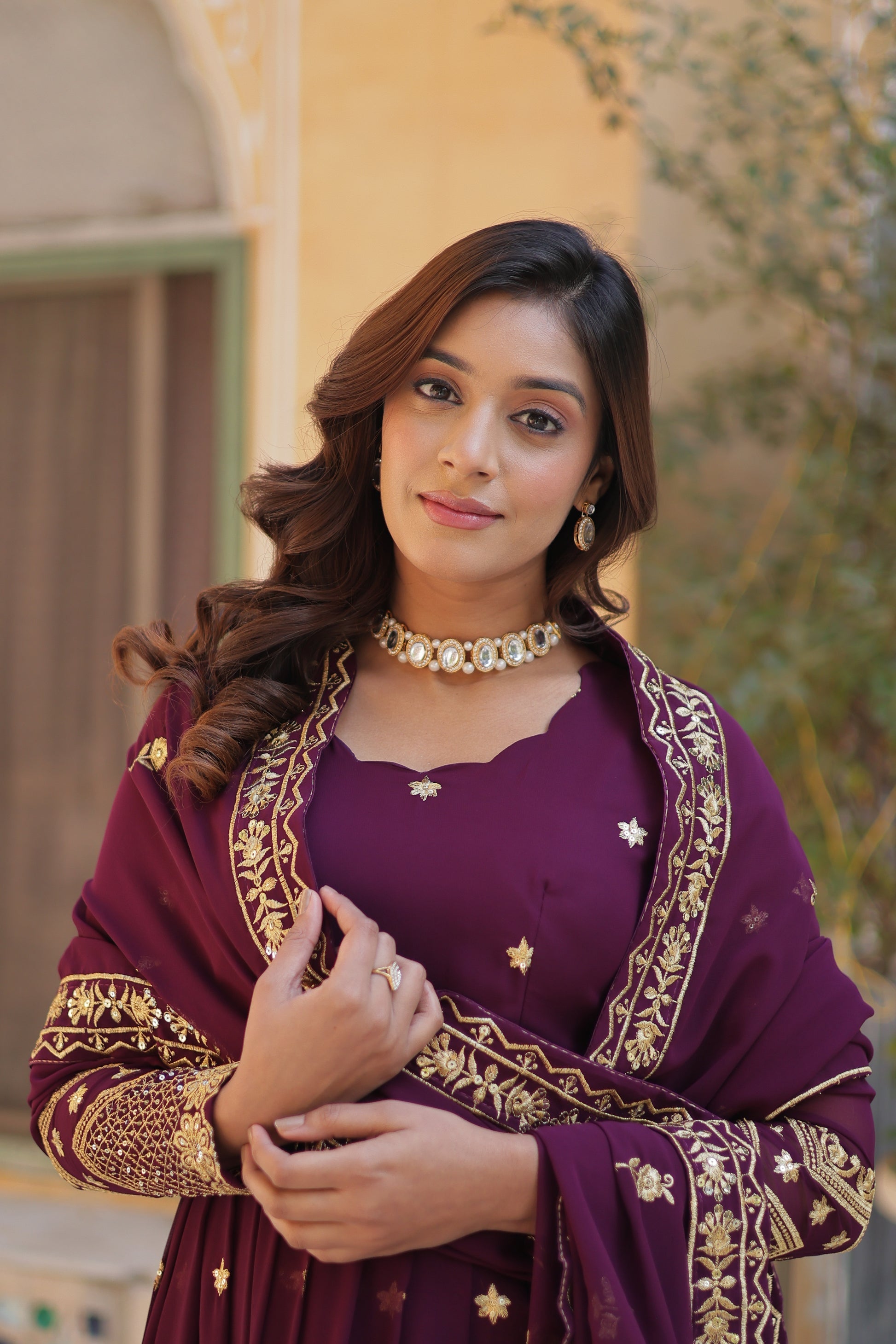 Wine georgette embroidered Avyuktha designer Anarkali gown