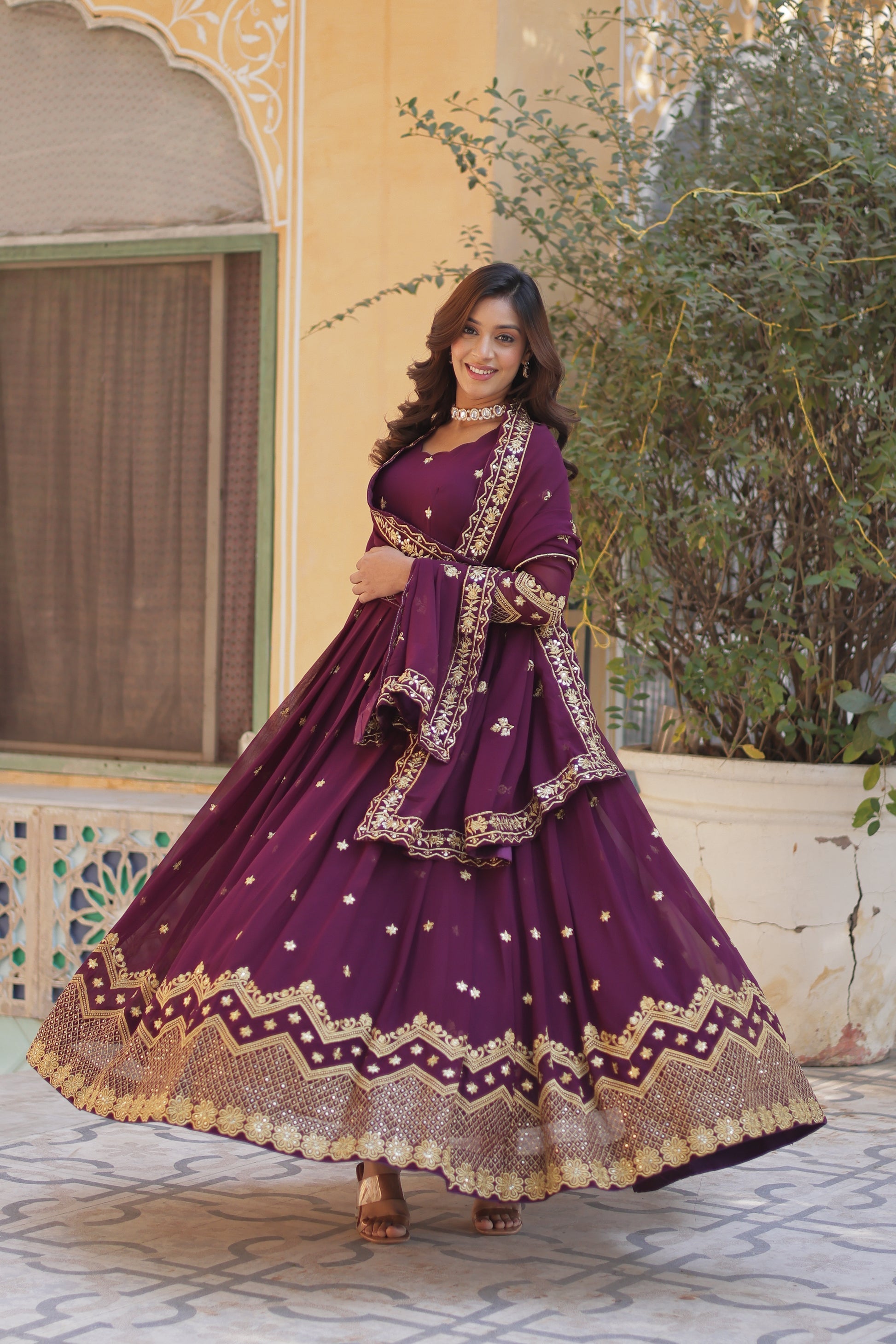 Wine georgette embroidered Avyuktha designer Anarkali gown