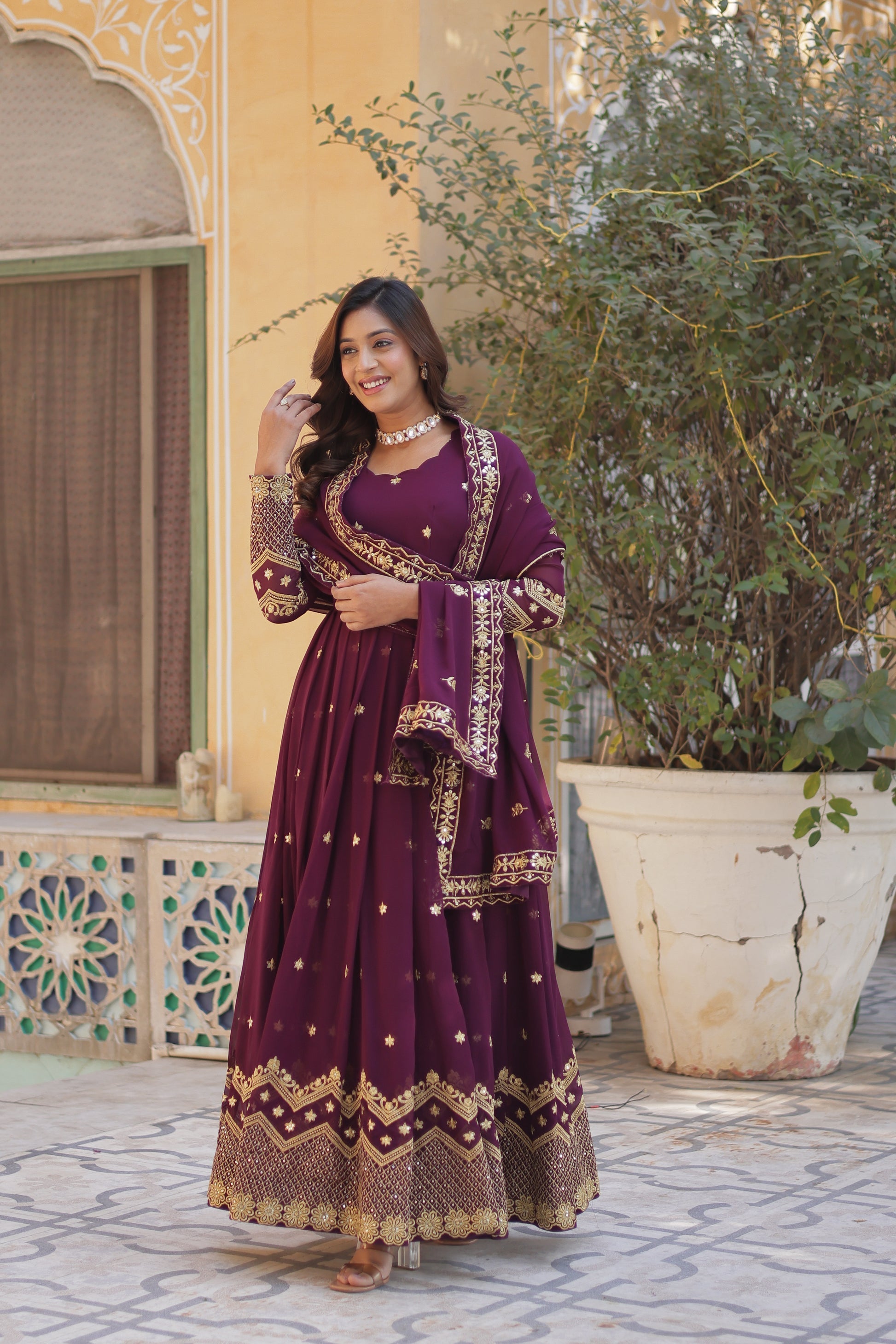 Wine georgette embroidered Avyuktha designer Anarkali gown