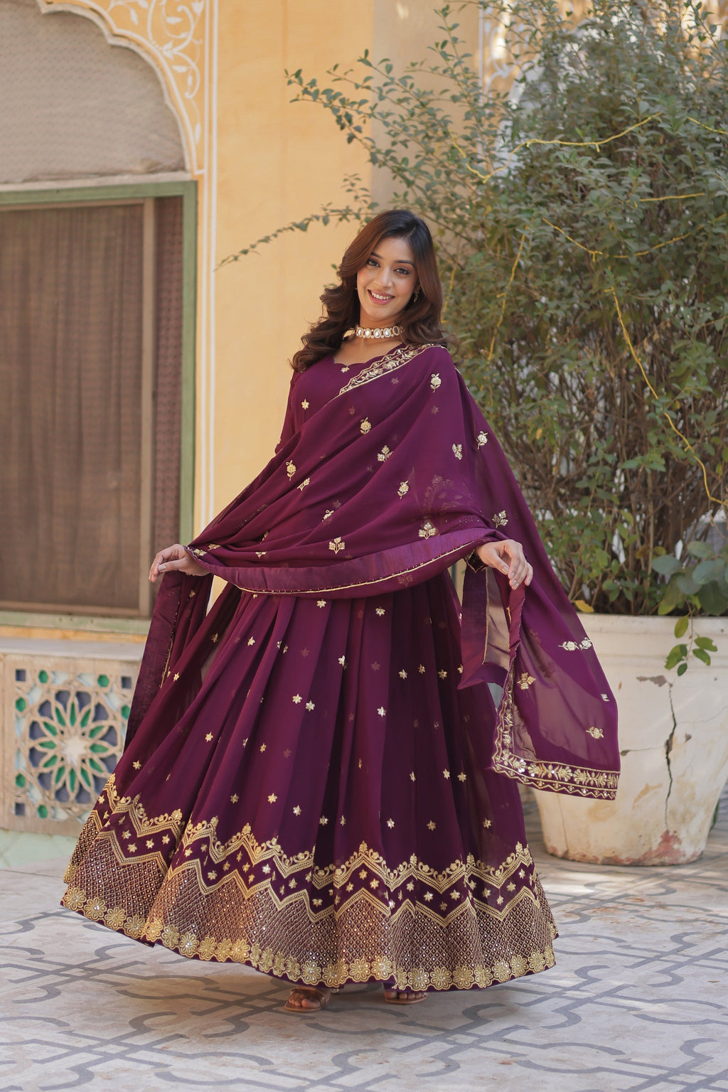 Wine georgette embroidered Avyuktha designer Anarkali gown
