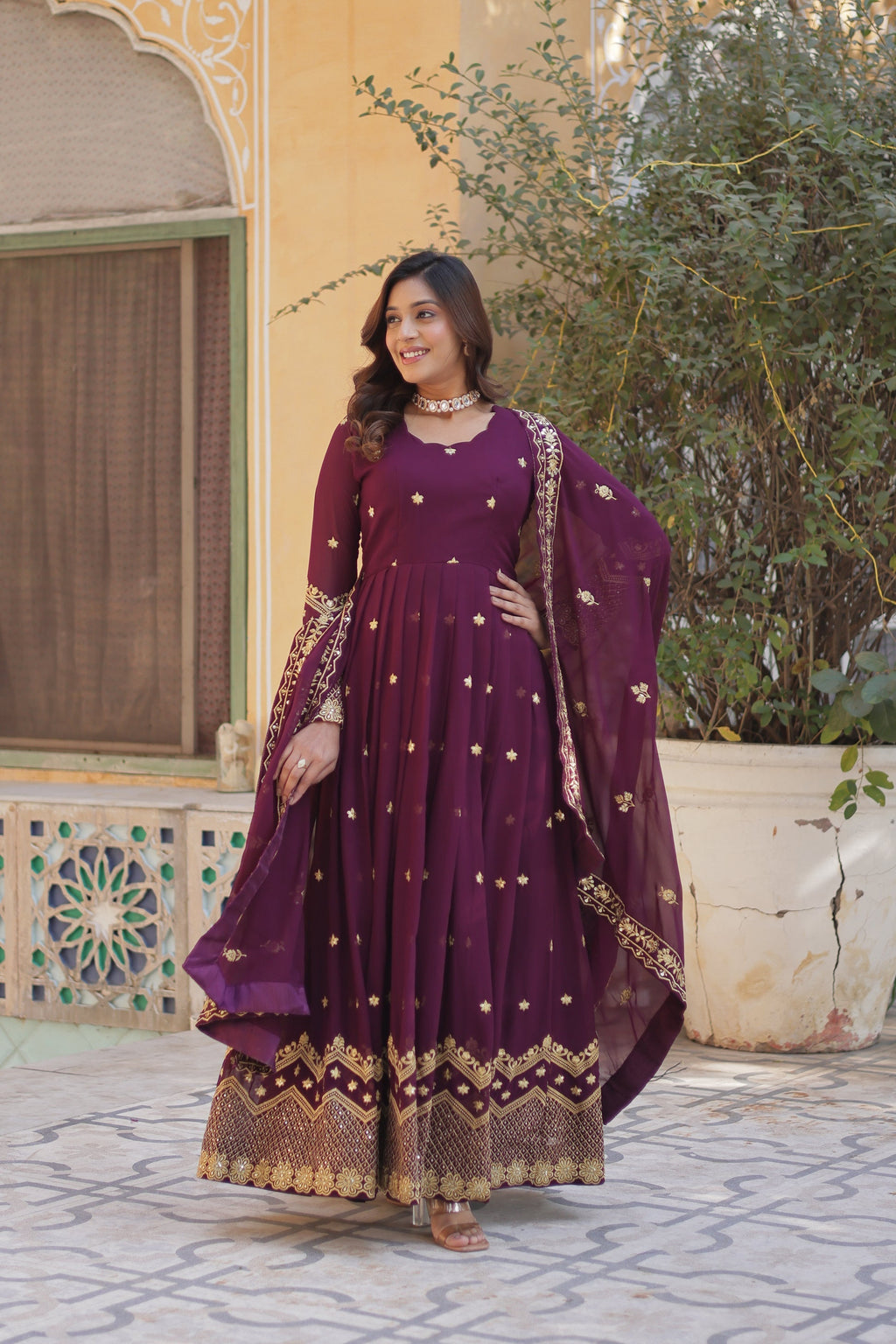 Wine georgette embroidered Avyuktha designer Anarkali gown
