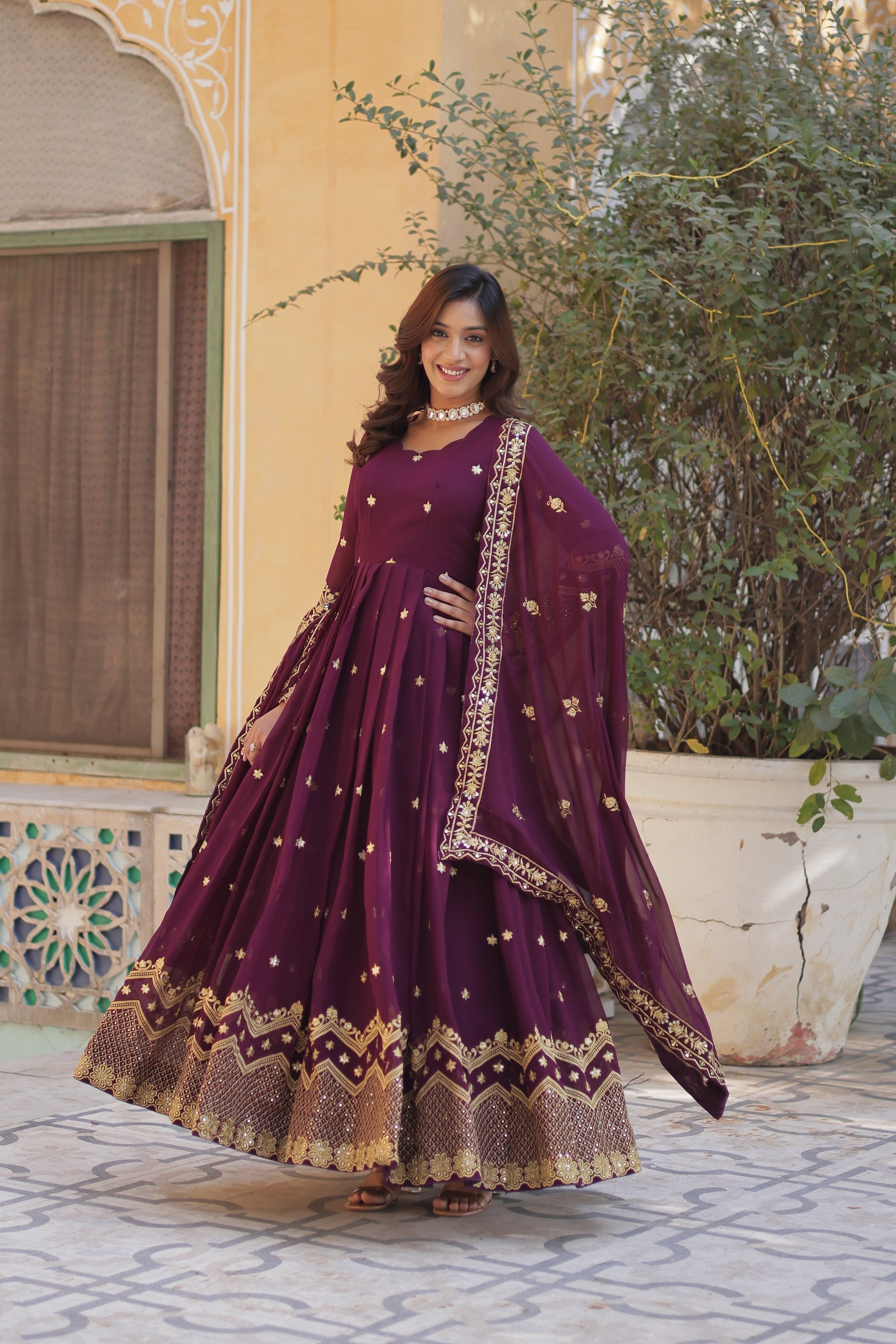 Wine georgette embroidered Avyuktha designer Anarkali gown