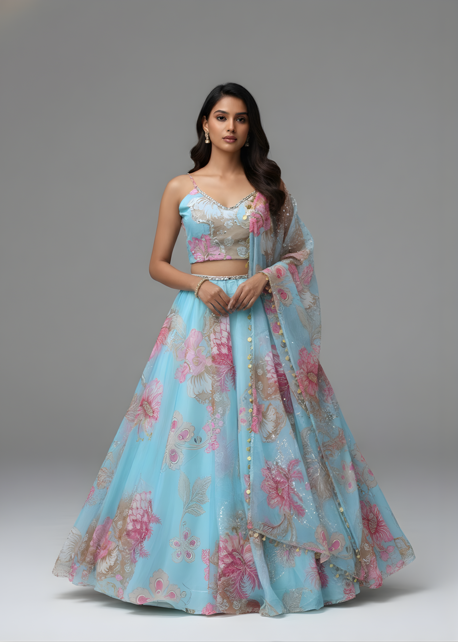 Blue Blossom Floral Printed Lehenga