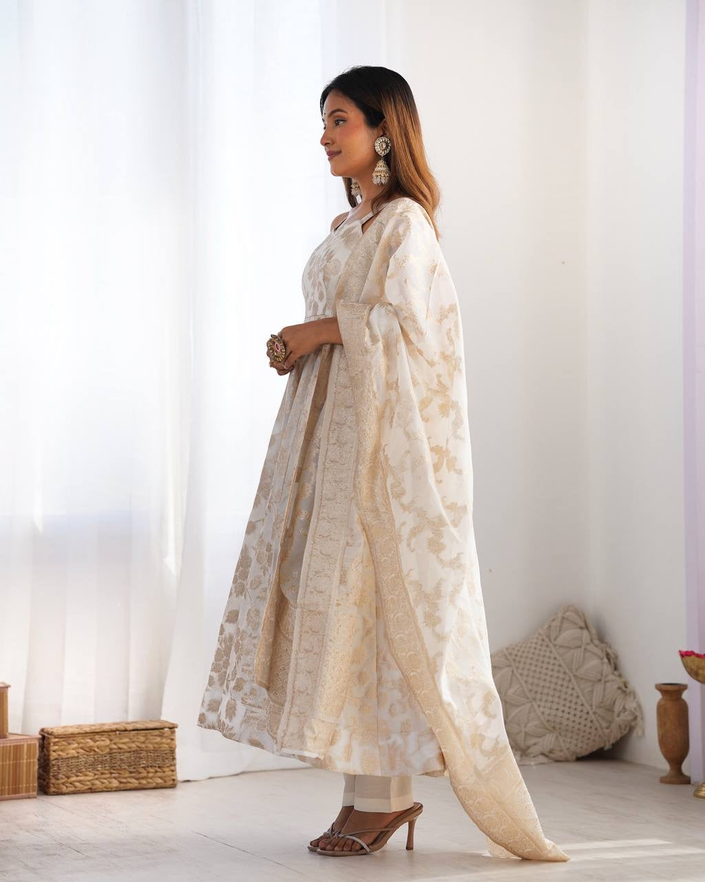 Ivory Bloom Banarasi Anarkali Set