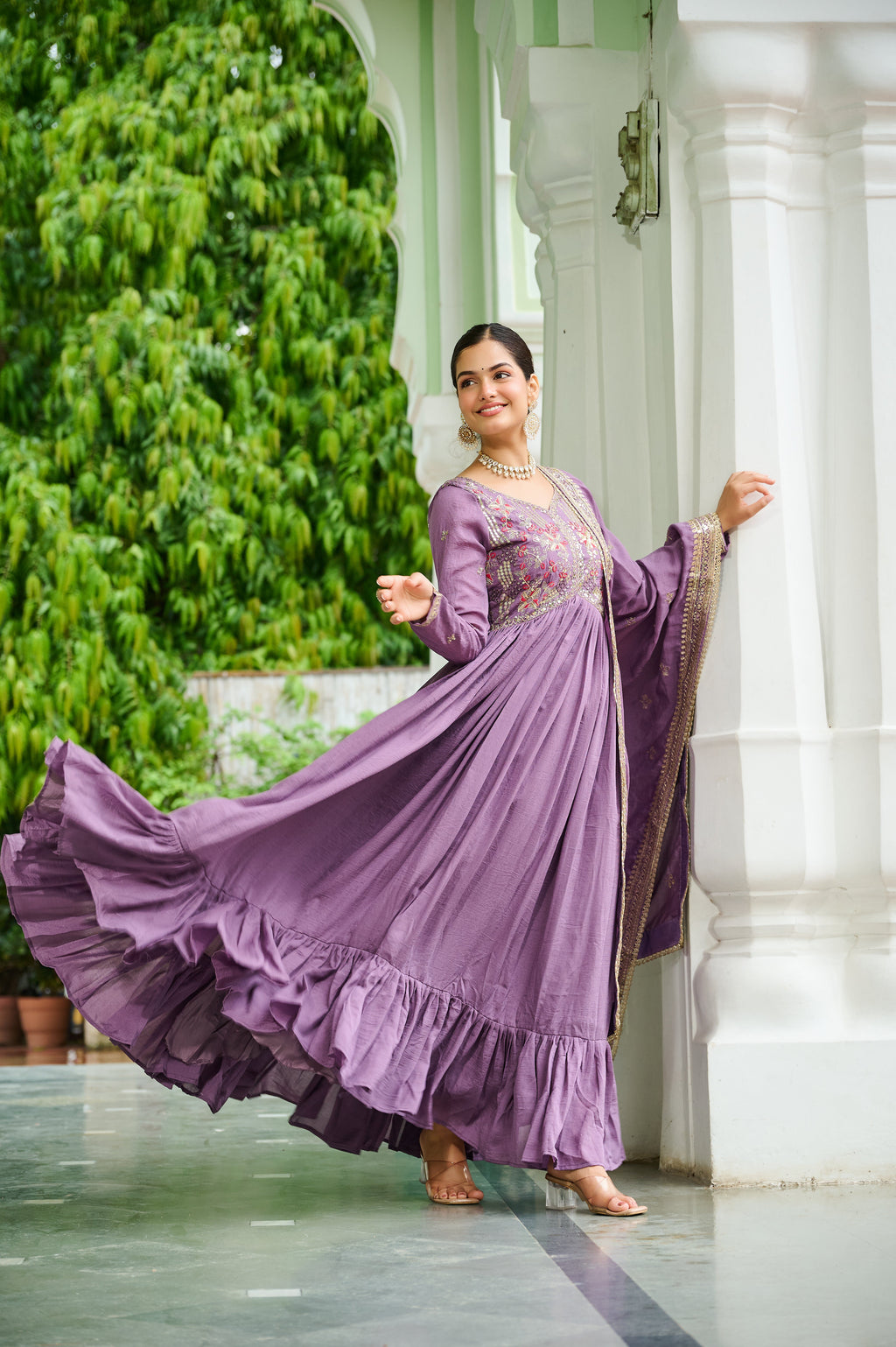 Bani lavender Vichitra silk embroidered zari thread work gown with dupatta