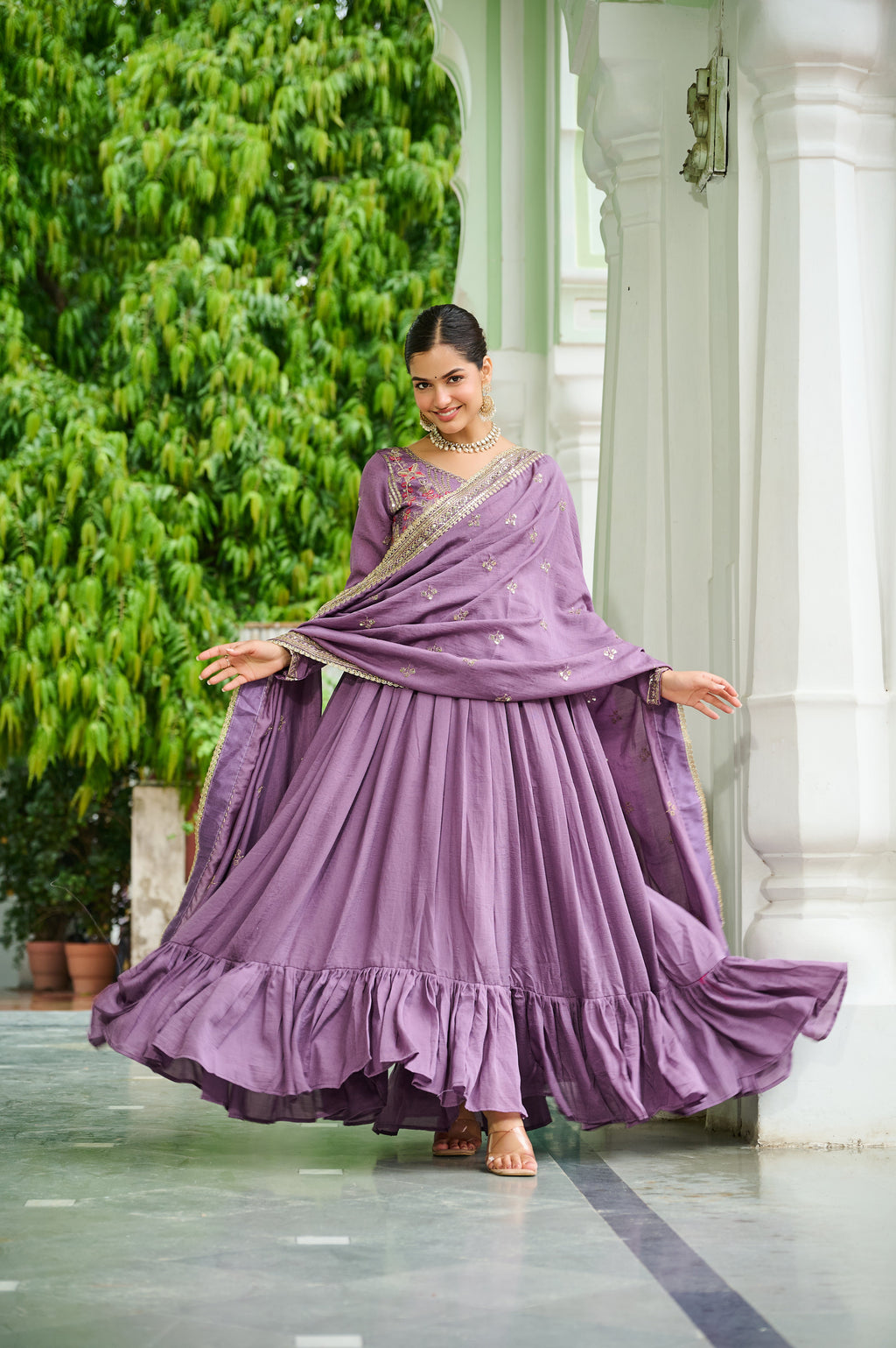 Bani lavender Vichitra silk embroidered zari thread work gown with dupatta
