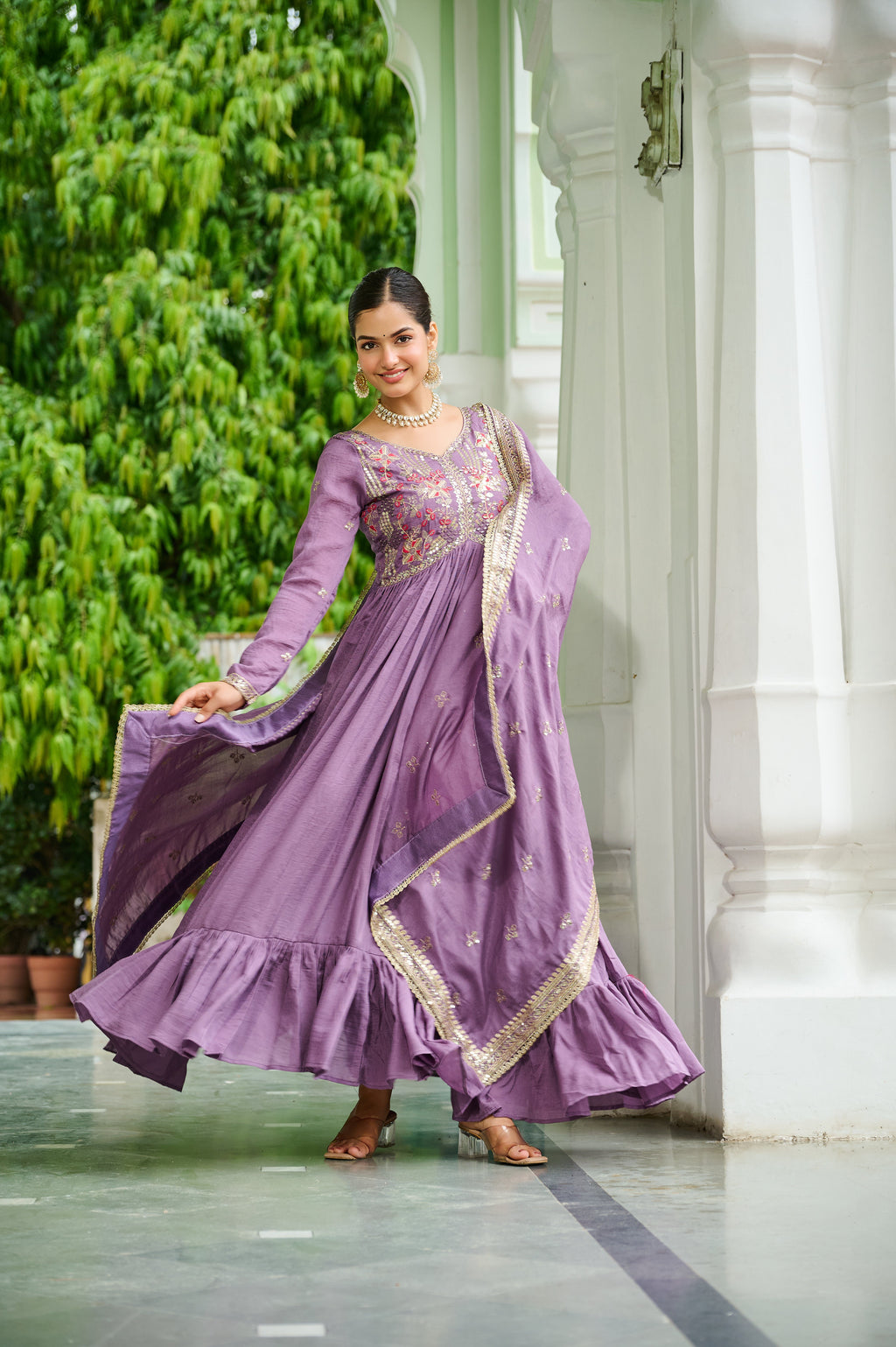Bani lavender Vichitra silk embroidered zari thread work gown with dupatta