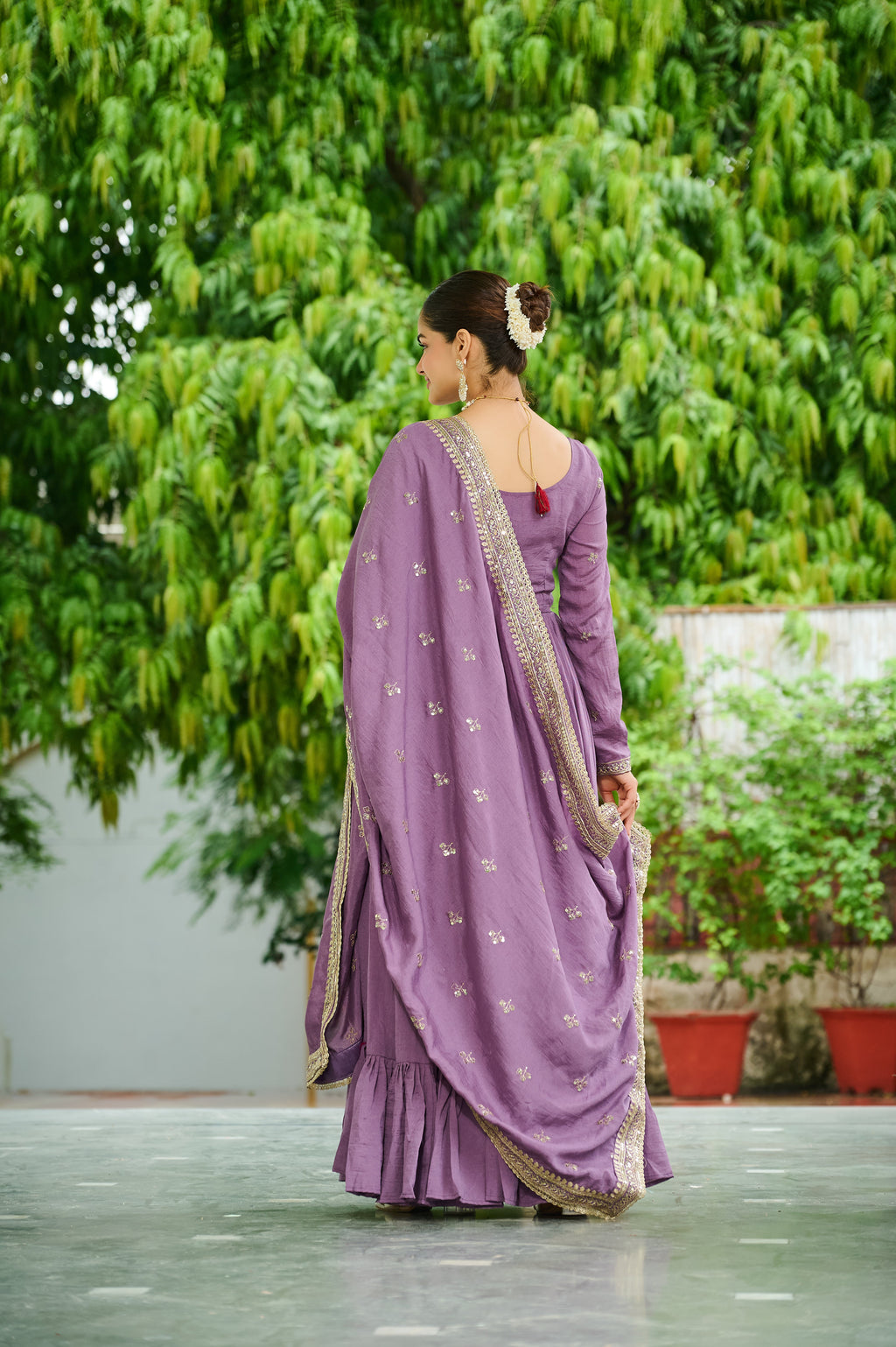 Bani lavender Vichitra silk embroidered zari thread work gown with dupatta